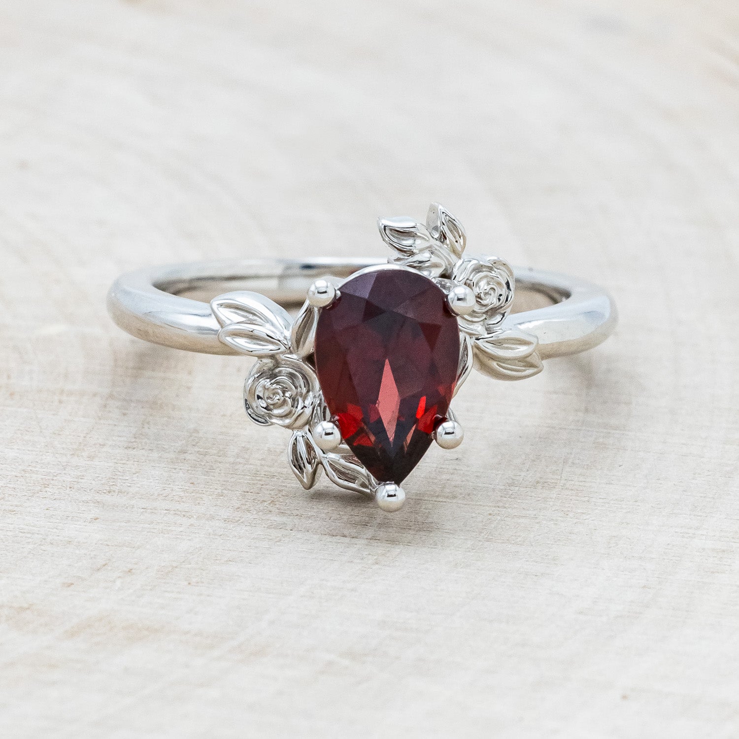 "ROSA" - PEAR CUT MOZAMBIQUE GARNET ENGAGEMENT RING WITH FLOWER ACCENTS-4