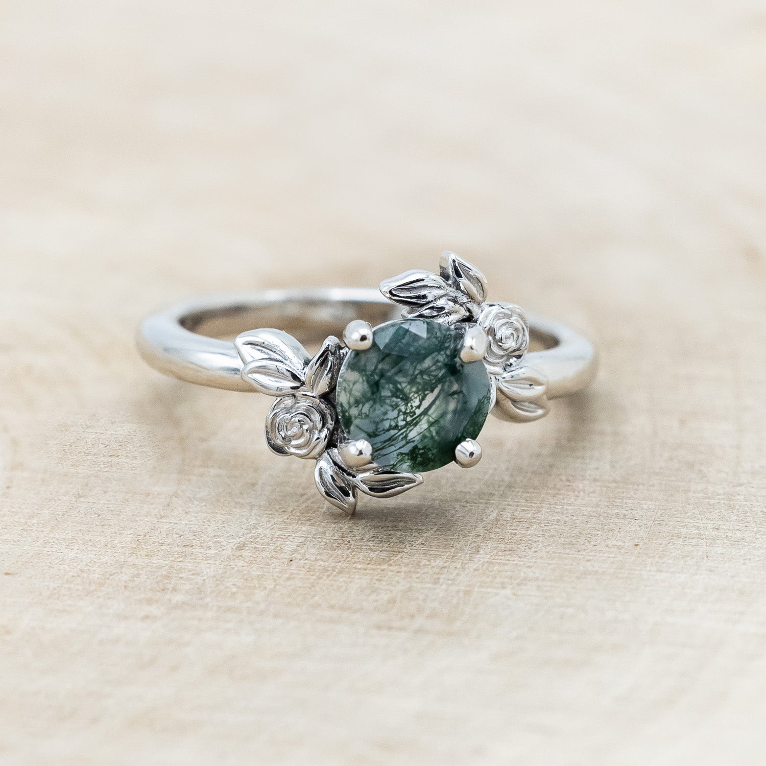 "ROSA" - ROUND CUT MOSS AGATE ENGAGEMENT RING WITH FLOWER ACCENTS-Staghead Designs