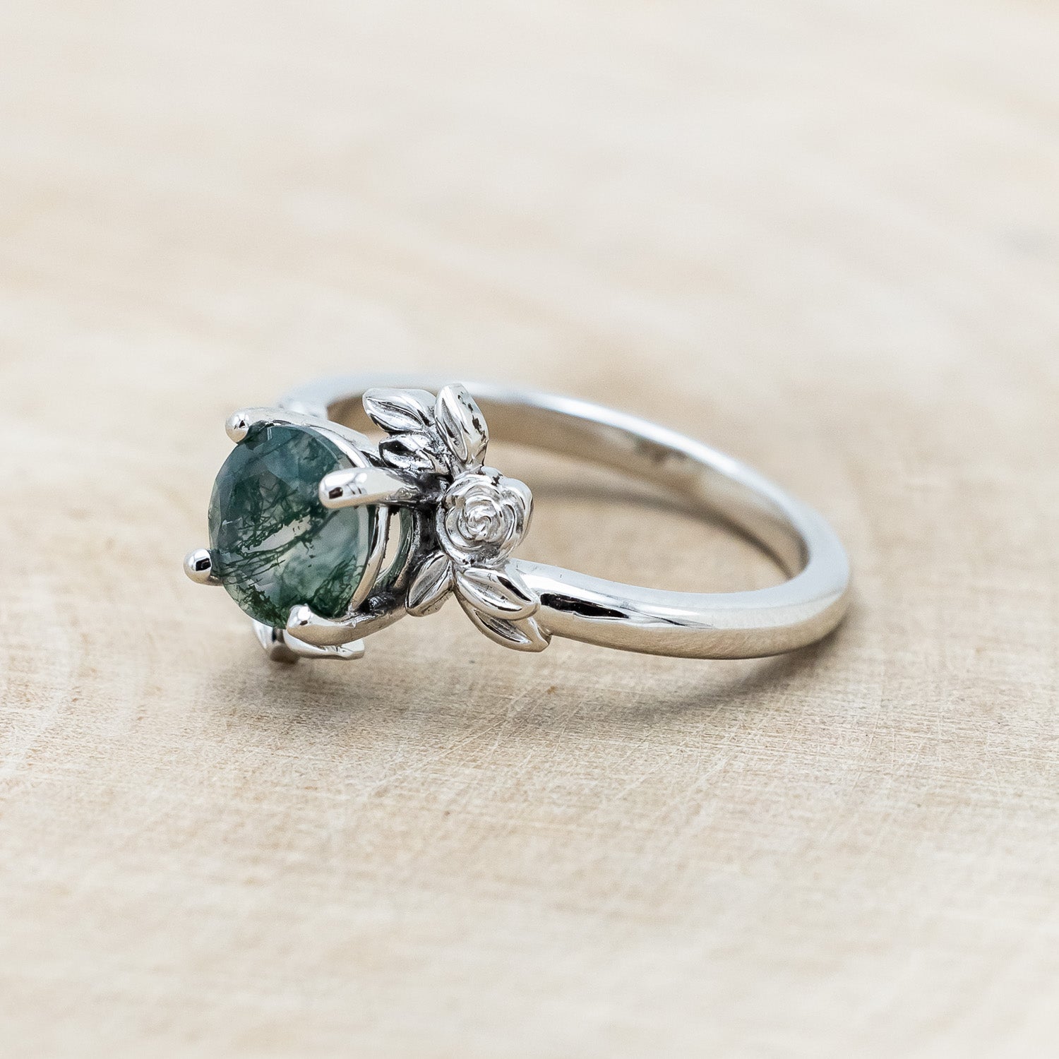 "ROSA" - ROUND CUT MOSS AGATE ENGAGEMENT RING WITH FLOWER ACCENTS-Staghead Designs