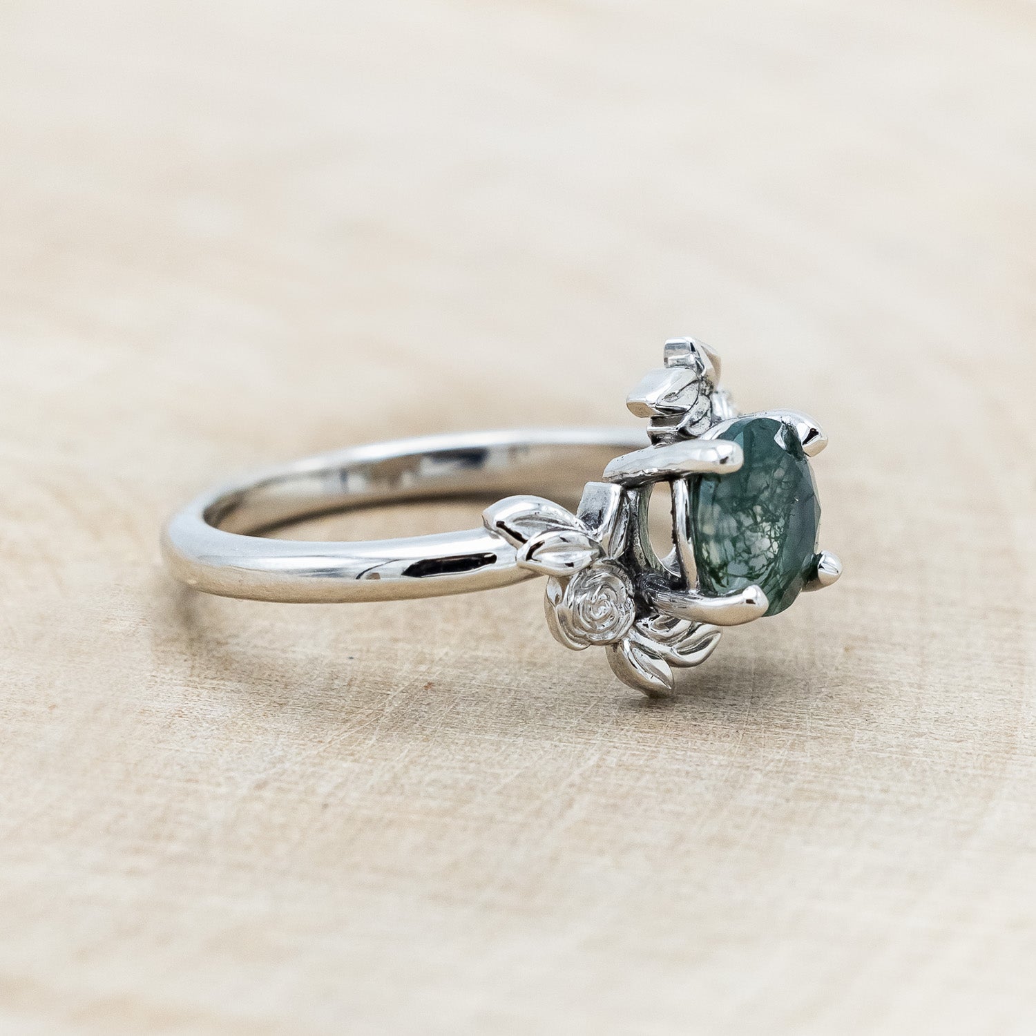 "ROSA" - ROUND CUT MOSS AGATE ENGAGEMENT RING WITH FLOWER ACCENTS-Staghead Designs