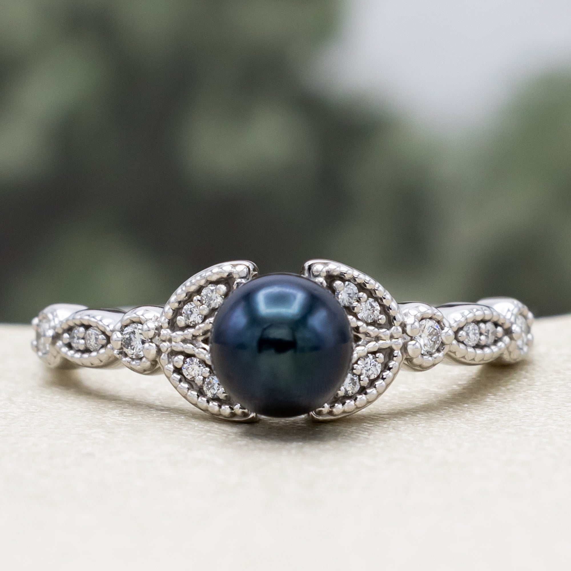 ROUND AKOYA PEARL ENGAGEMENT RING WITH DIAMOND ACCENTS-Staghead Designs