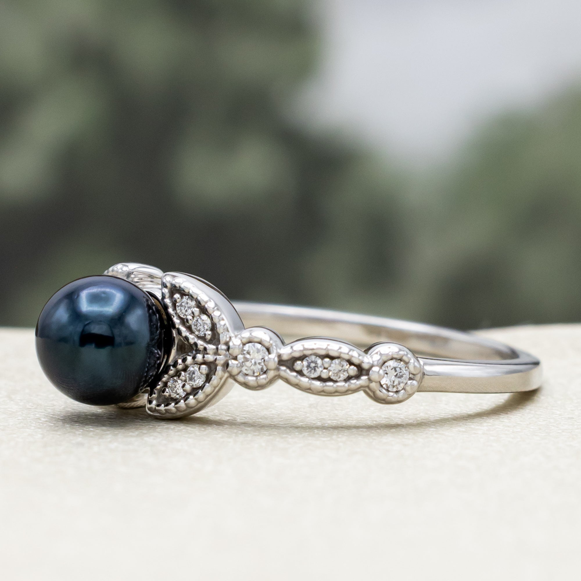 ROUND AKOYA PEARL ENGAGEMENT RING WITH DIAMOND ACCENTS-Staghead Designs