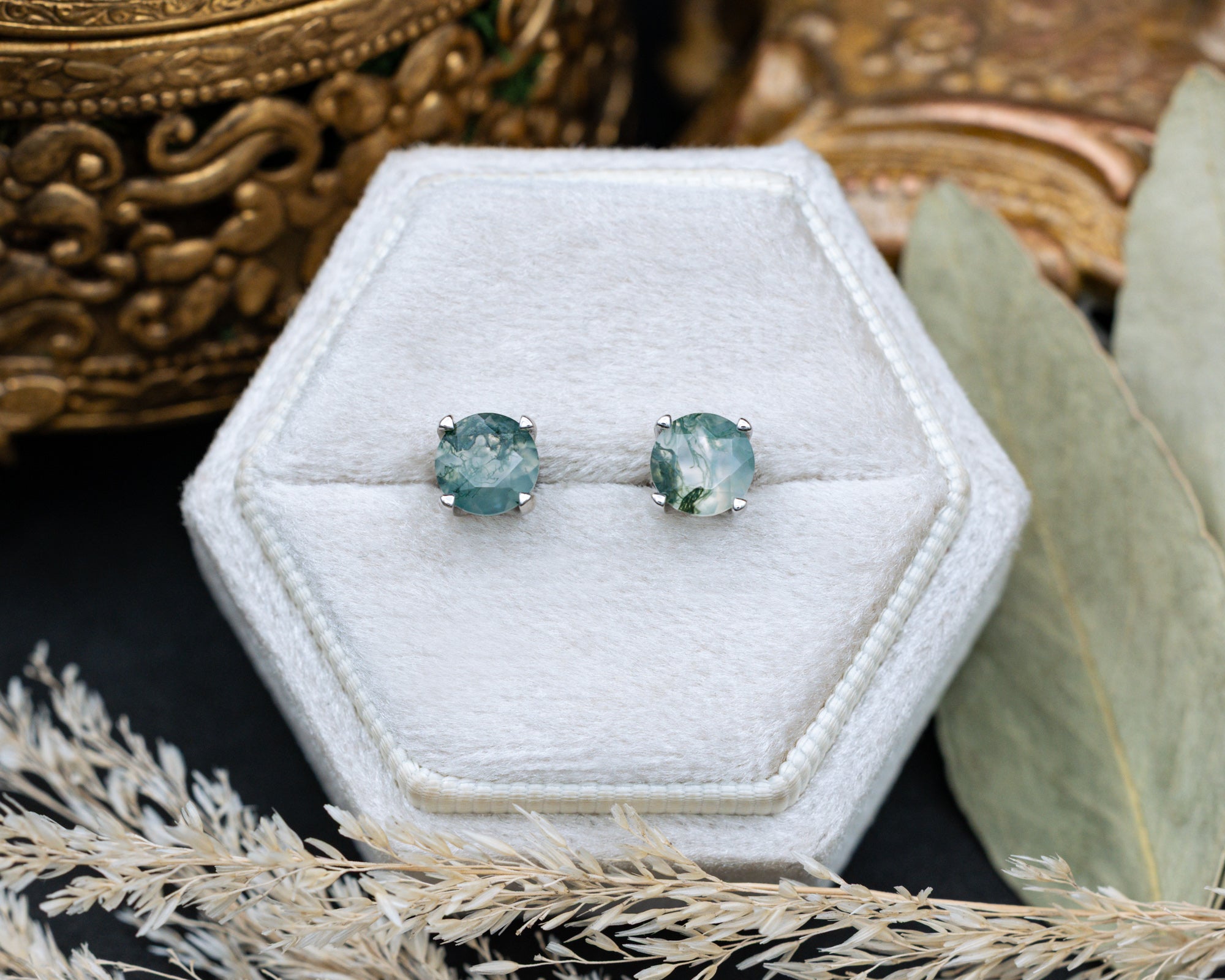 ROUND MOSS AGATE STUD EARRINGS IN 14K GOLD-Staghead Designs