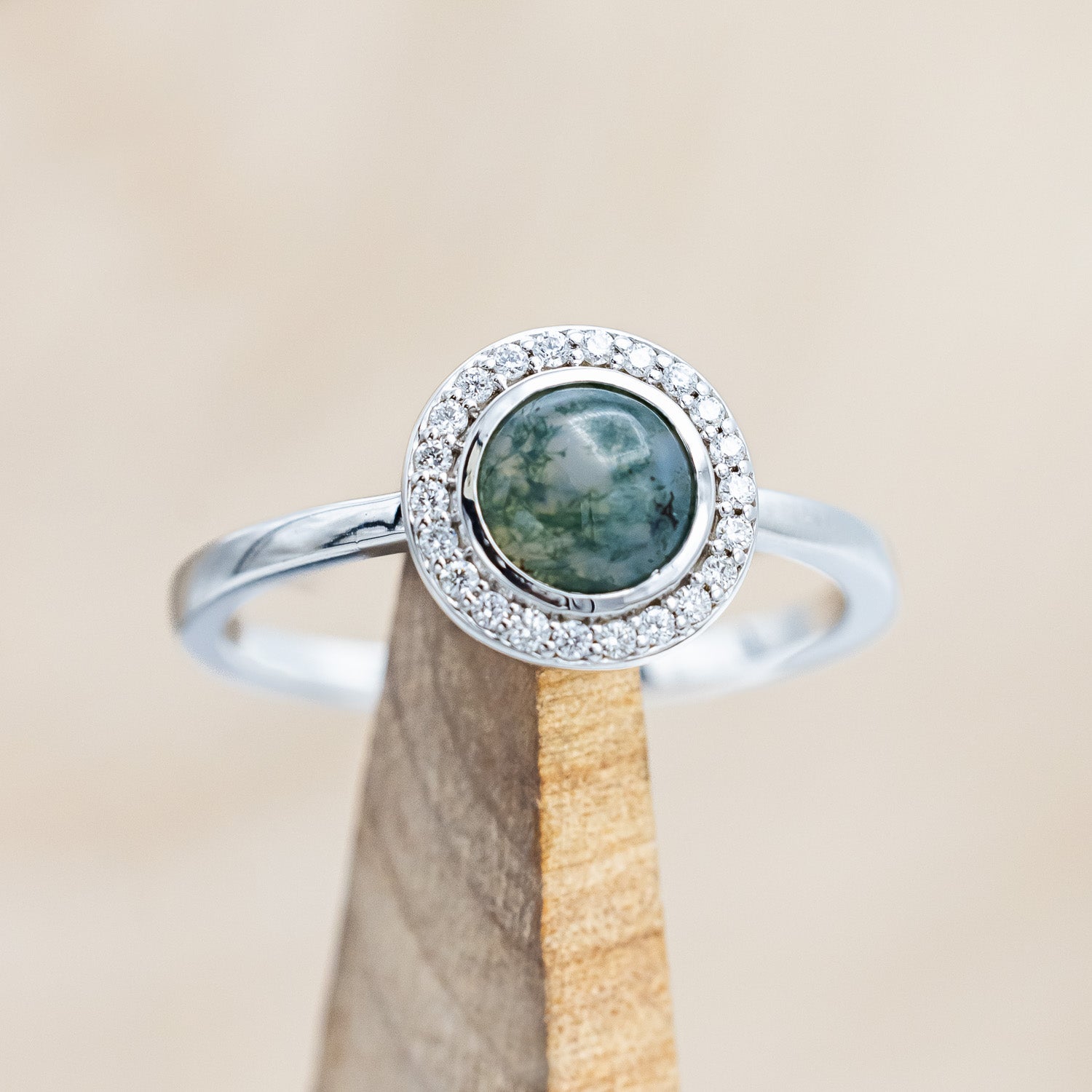 "TERRA" - ROUND CABOCHON CUT MOSS AGATE ENGAGEMENT RING WITH DIAMOND HALO-Staghead Designs