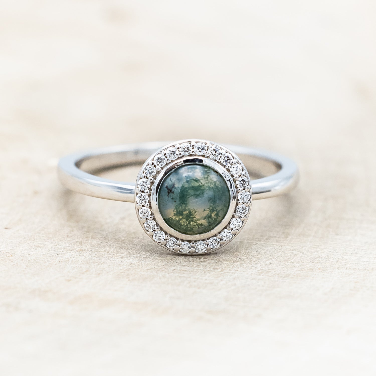 "TERRA" - ROUND CABOCHON CUT MOSS AGATE ENGAGEMENT RING WITH DIAMOND HALO-Staghead Designs