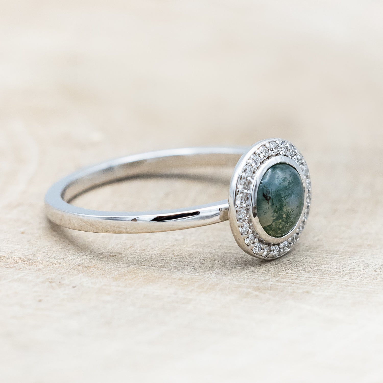 "TERRA" - ROUND CABOCHON CUT MOSS AGATE ENGAGEMENT RING WITH DIAMOND HALO-Staghead Designs