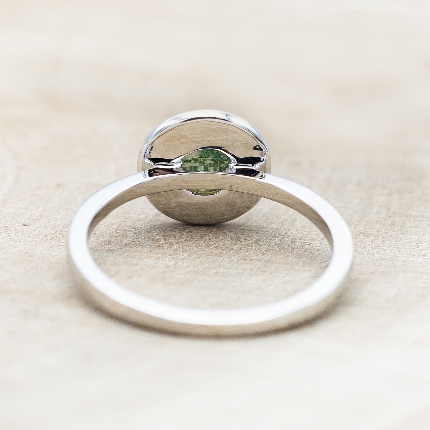 "TERRA" - ROUND CABOCHON CUT MOSS AGATE ENGAGEMENT RING WITH DIAMOND HALO-Staghead Designs
