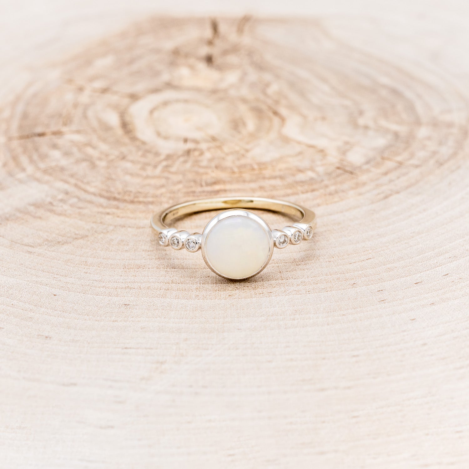 "Alouette" - Round Cabochon Cut Opal Engagement Ring With Diamond Accents - 14K White Gold - Size 6 1/4