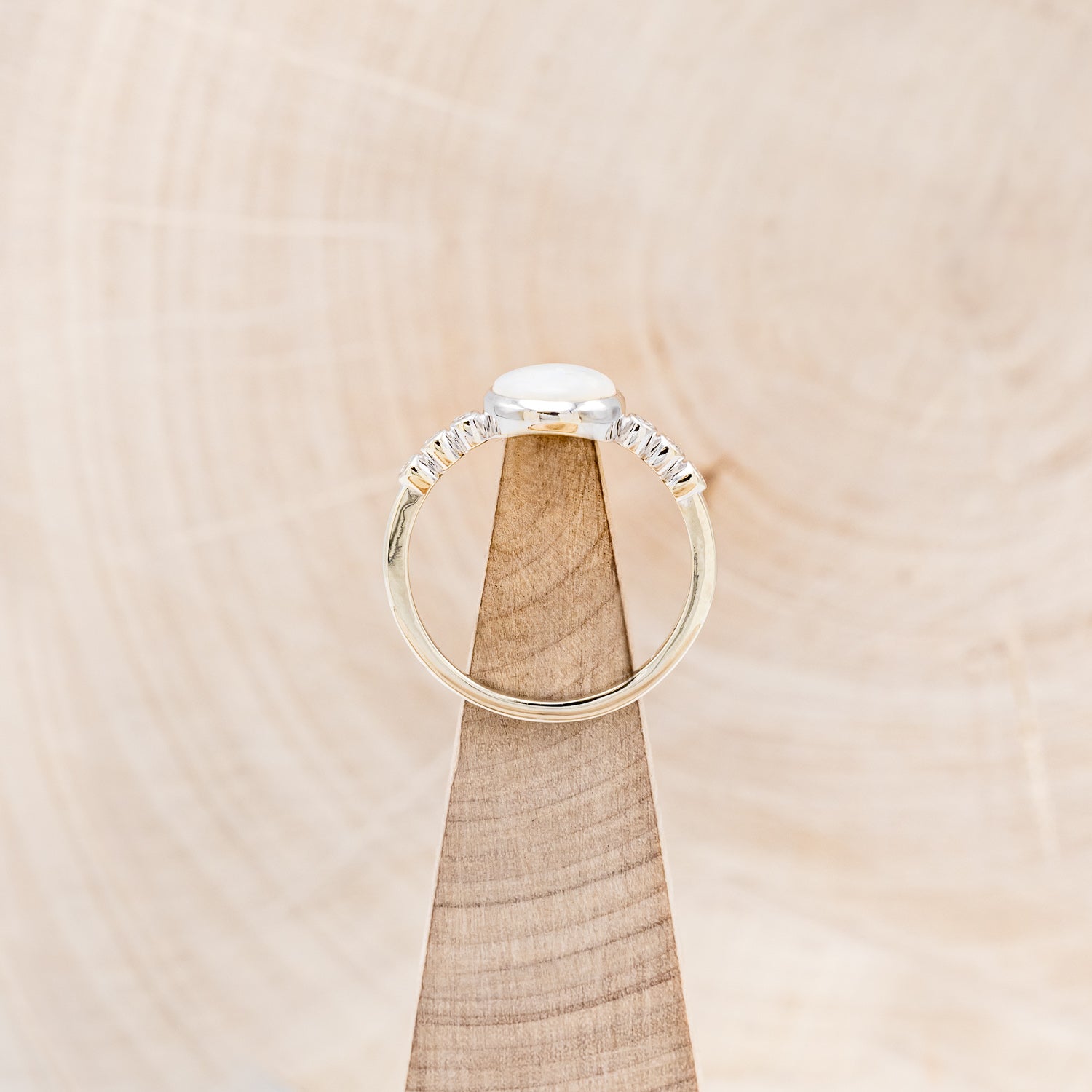 "Alouette" - Round Cabochon Cut Opal Engagement Ring With Diamond Accents - 14K White Gold - Size 6 1/4