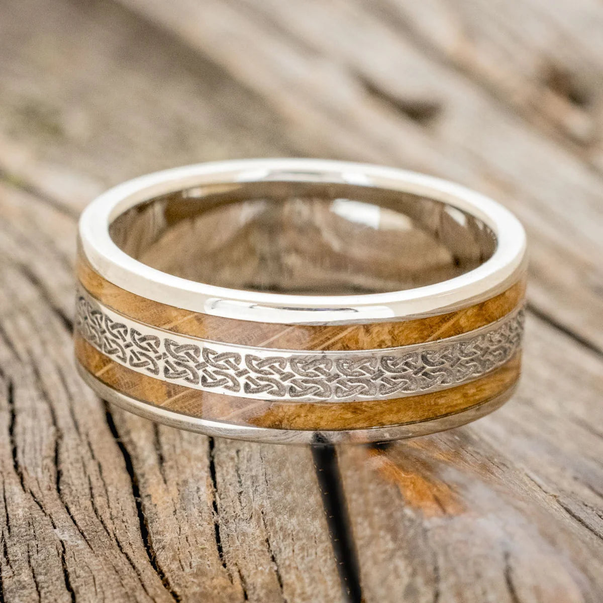 "Ryder" - Celtic Love Knot Engraved & Whiskey Barrel Oak Wedding Ring - 14K White Gold (8mm) - Size 11 3/4-Staghead Designs