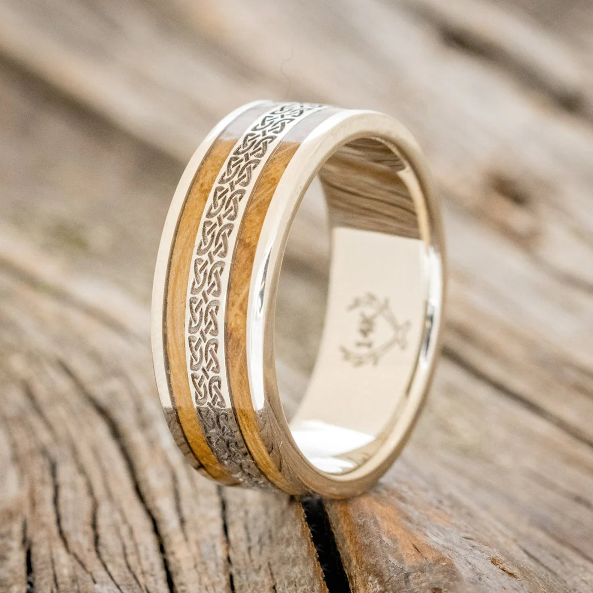 "Ryder" - Celtic Love Knot Engraved & Whiskey Barrel Oak Wedding Ring - 14K White Gold (8mm) - Size 11 3/4-Staghead Designs