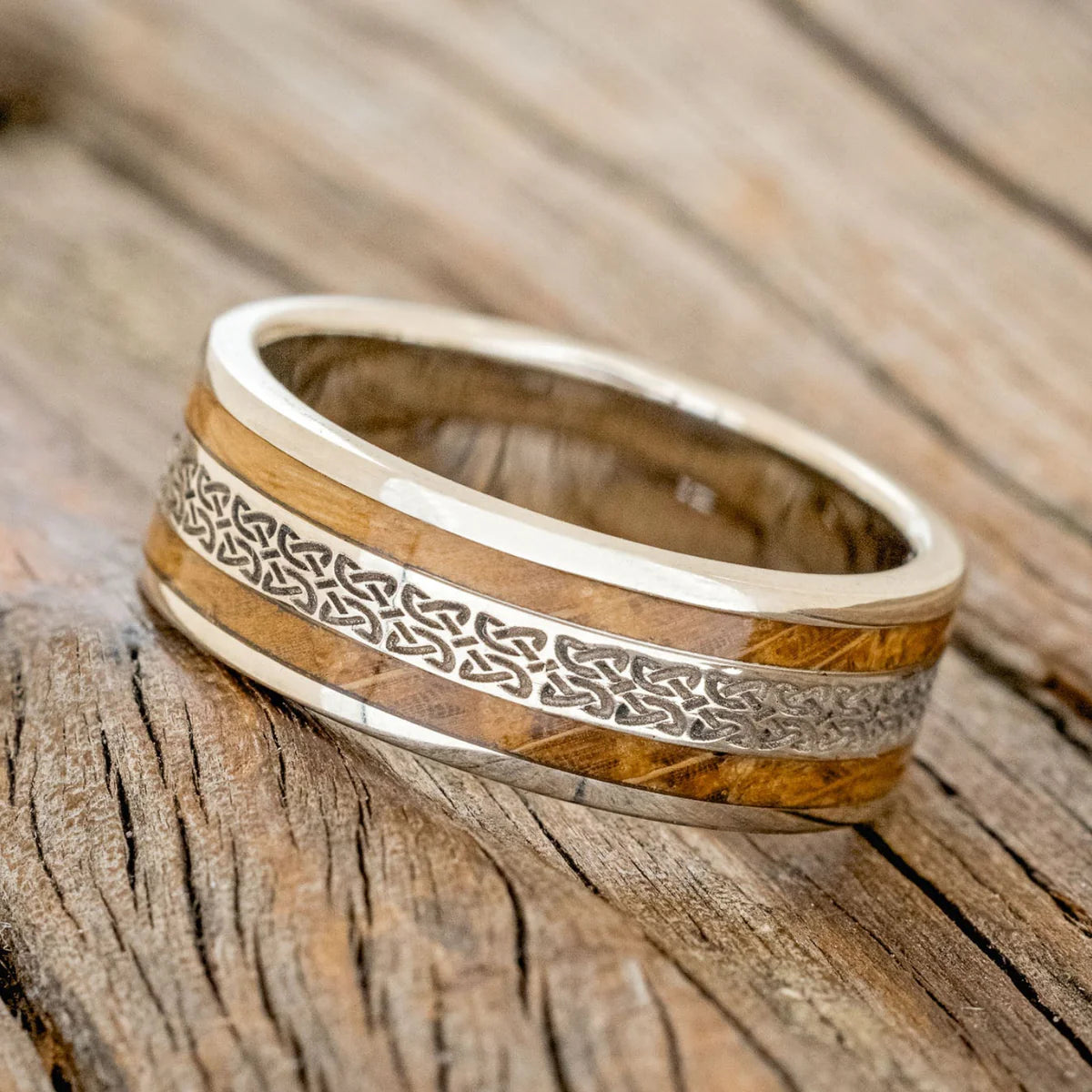 "Ryder" - Celtic Love Knot Engraved & Whiskey Barrel Oak Wedding Ring - 14K White Gold (8mm) - Size 11 3/4-Staghead Designs