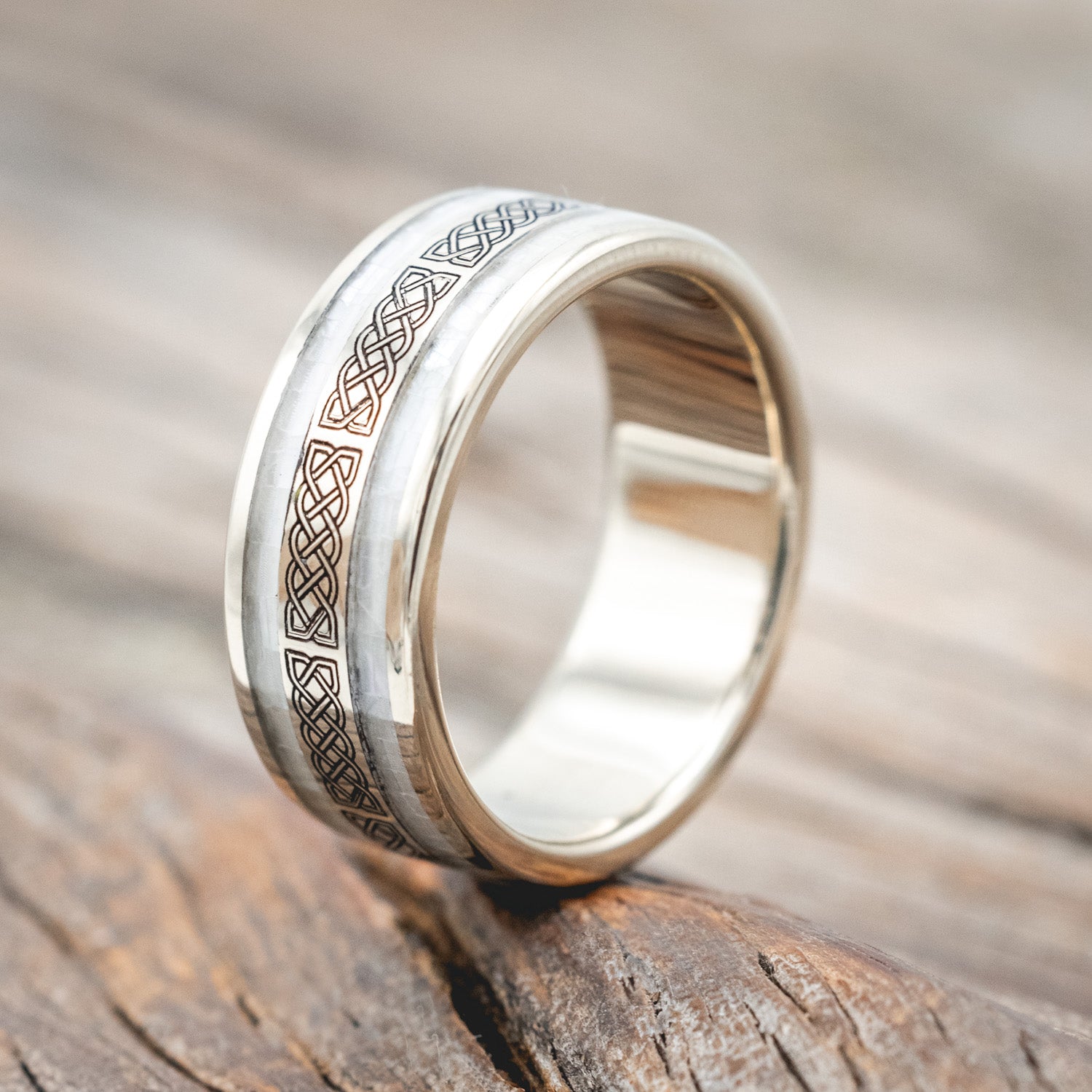 "RYDER" - CELTIC SAILOR'S KNOT ENGRAVED & MOTHER OF PEARL WEDDING RING-Staghead Designs