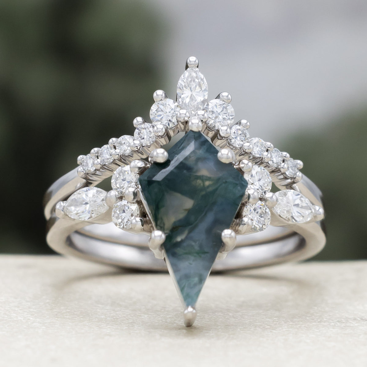 "Sage" - Bridal Suite - Kite Cut Moss Agate Engagement Ring With Diamond Accents & Tracers-Staghead Designs