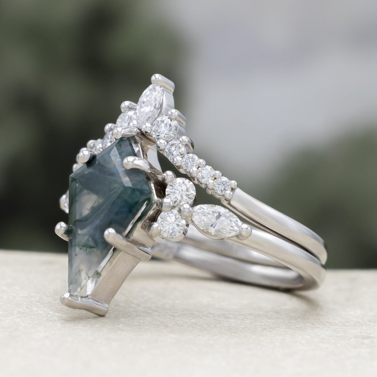 "Sage" - Bridal Suite - Kite Cut Moss Agate Engagement Ring With Diamond Accents & Tracers-Staghead Designs