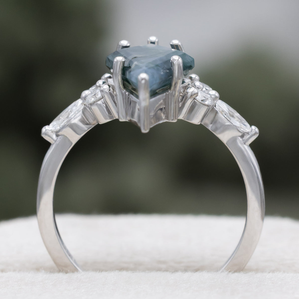 "Sage" - Bridal Suite - Kite Cut Moss Agate Engagement Ring With Diamond Accents & "Fala" Tracers-Staghead Designs