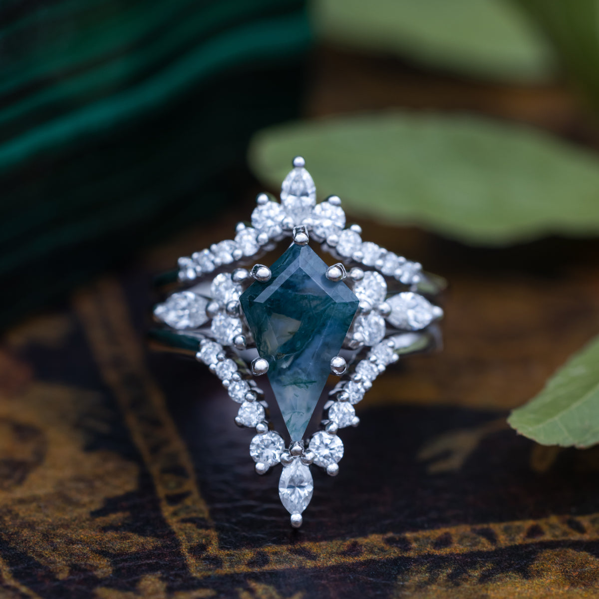 "Sage" - Bridal Suite - Kite Cut Moss Agate Engagement Ring With Diamond Accents & Tracers-Staghead Designs