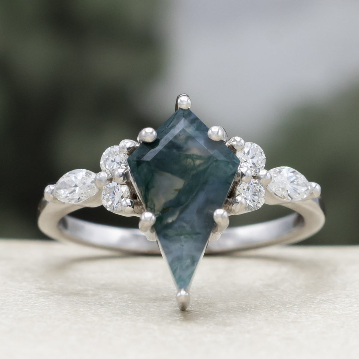 "Sage" - Bridal Suite - Kite Cut Moss Agate Engagement Ring With Diamond Accents & "Fala" Tracers-Staghead Designs
