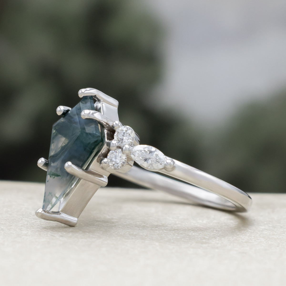 "Sage" - Bridal Suite - Kite Cut Moss Agate Engagement Ring With Diamond Accents & "Fala" Tracers-Staghead Designs