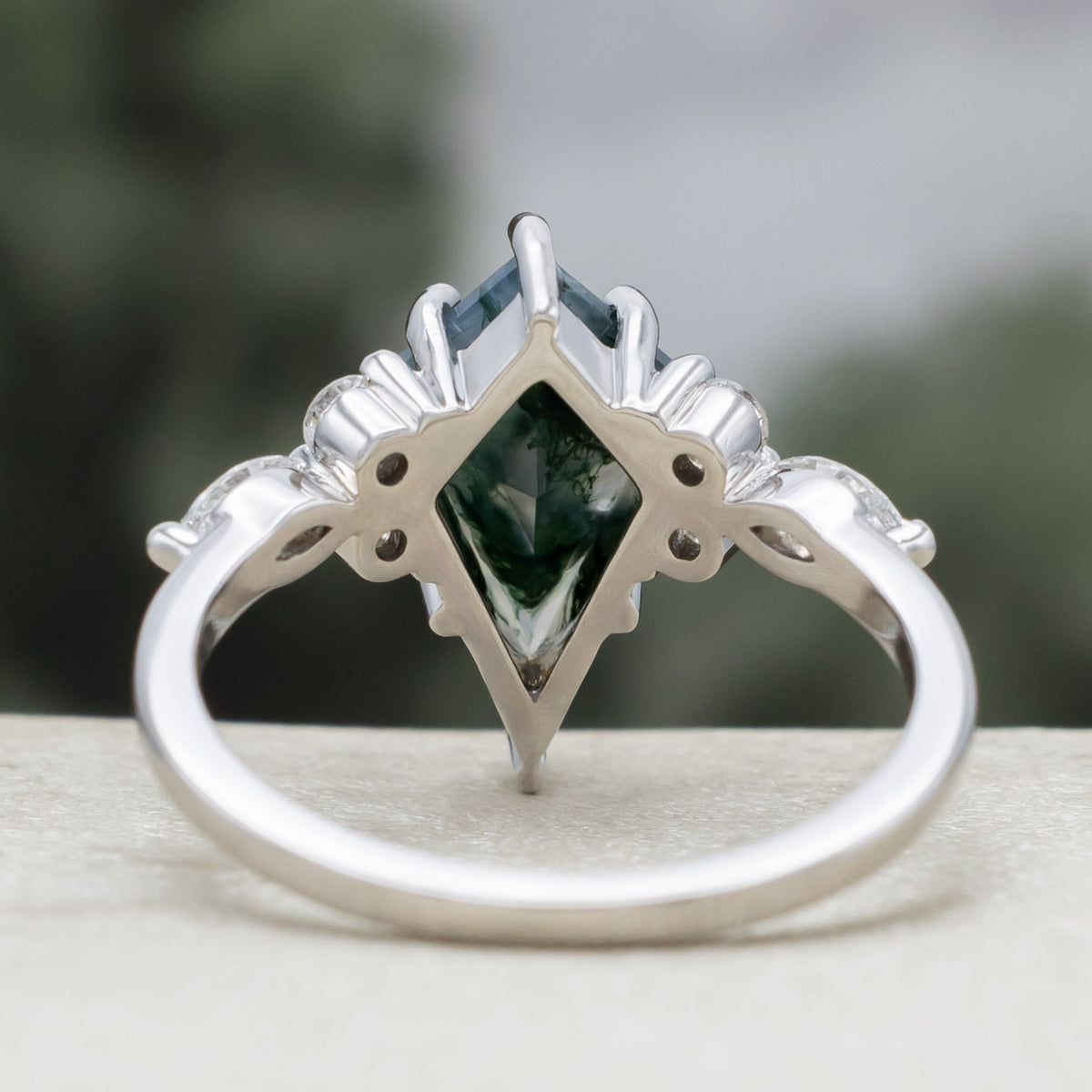 "Sage" - Bridal Suite - Kite Cut Moss Agate Engagement Ring With Diamond Accents & "Fala" Tracers-Staghead Designs
