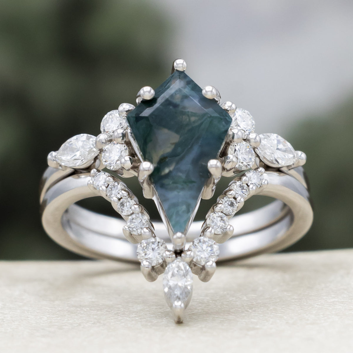 "Sage" - Bridal Suite - Kite Cut Moss Agate Engagement Ring With Diamond Accents & Tracers-Staghead Designs