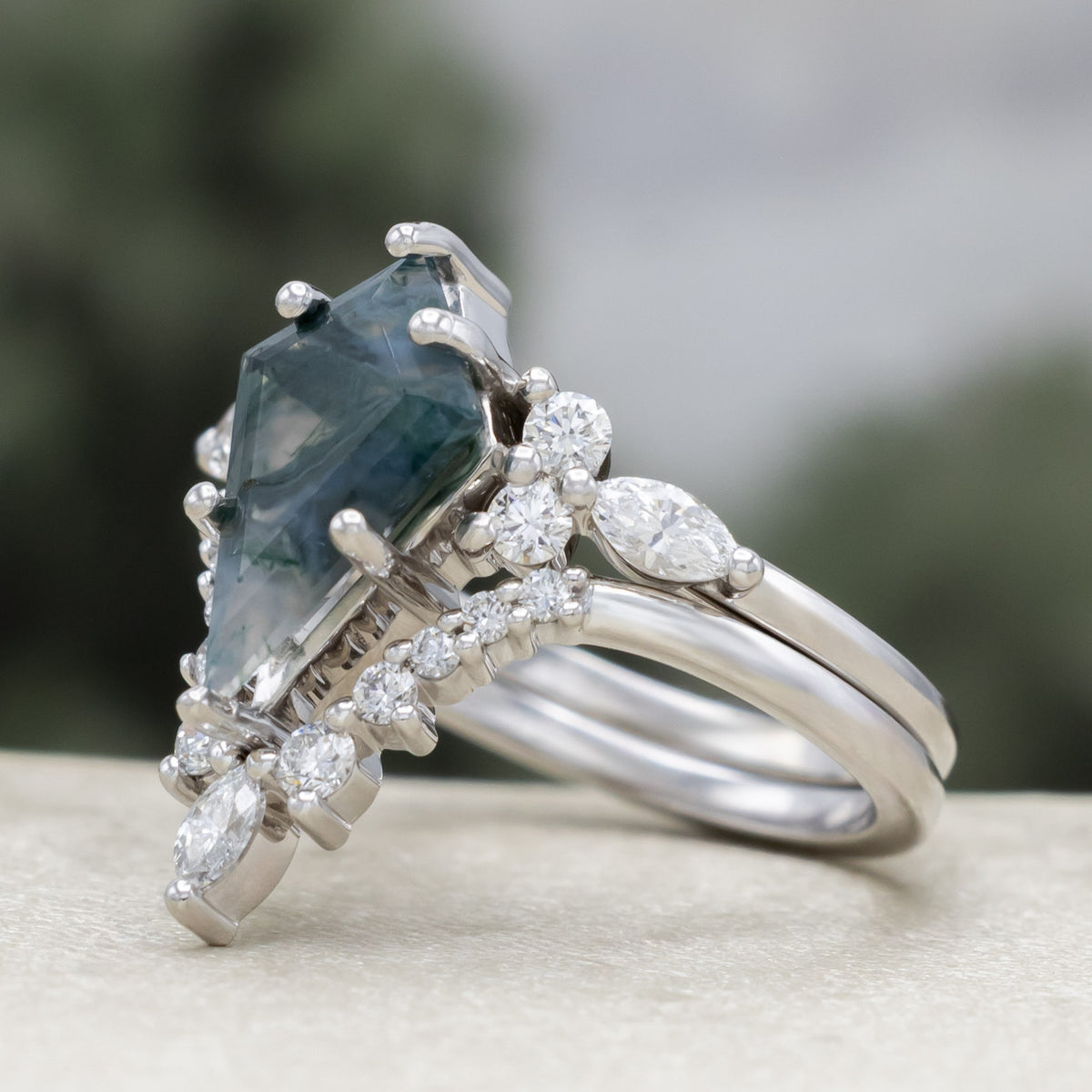 "Sage" - Bridal Suite - Kite Cut Moss Agate Engagement Ring With Diamond Accents & Tracers-Staghead Designs