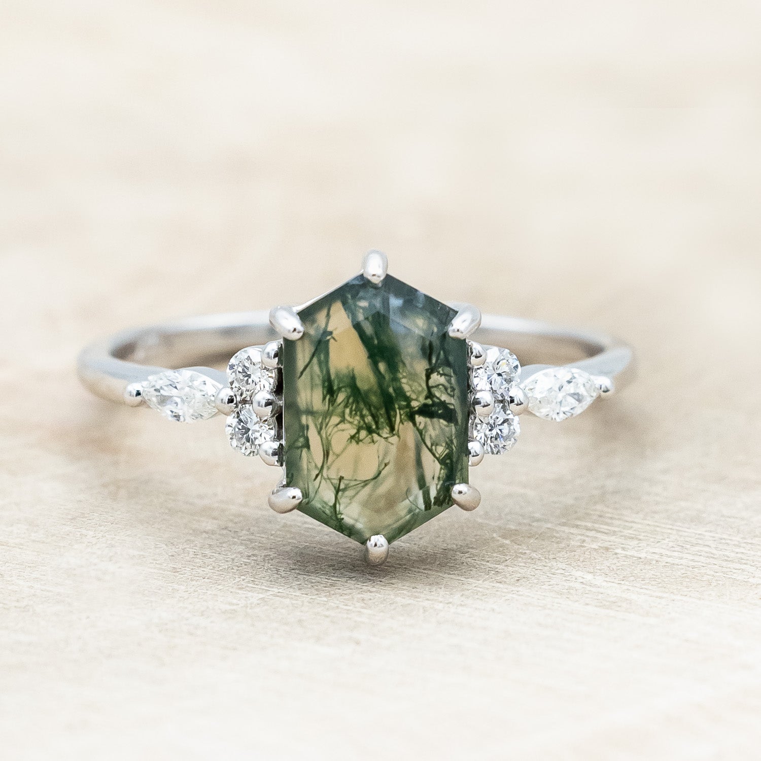 "SAGE" - ELONGATED HEXAGON CUT MOSS AGATE ENGAGEMENT RING WITH DIAMOND ACCENTS-Staghead Designs