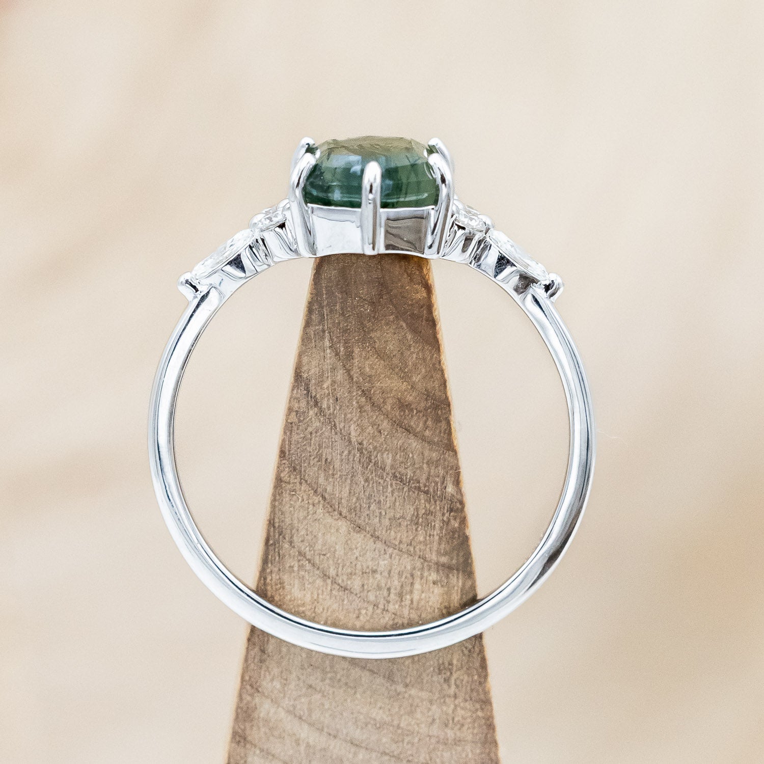 "SAGE" - ELONGATED HEXAGON CUT MOSS AGATE ENGAGEMENT RING WITH DIAMOND ACCENTS-Staghead Designs