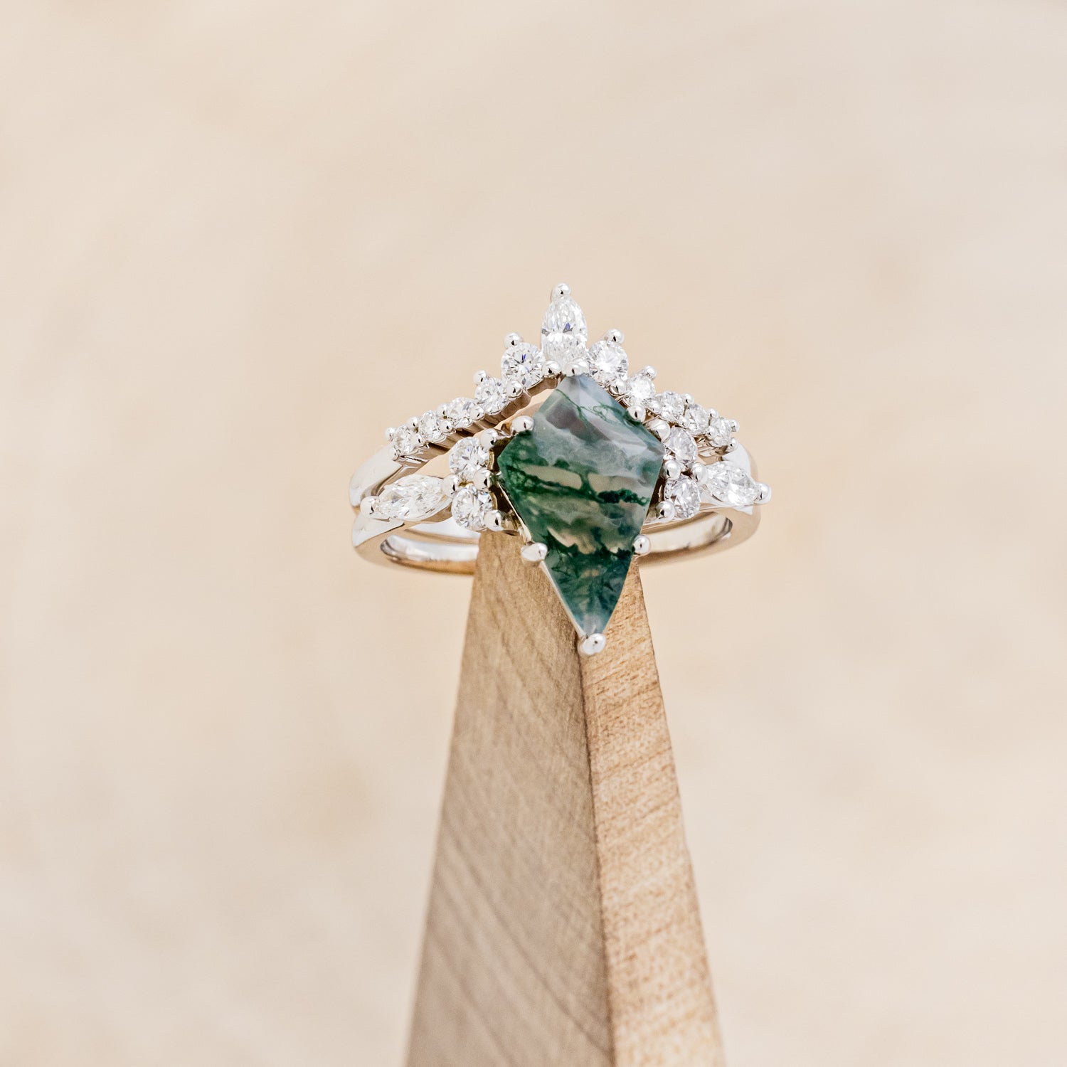 "SAGE" - KITE CUT MOSS AGATE ENGAGEMENT RING WITH DIAMOND ACCENTS & DIAMOND TRACER - EXPEDITED-13