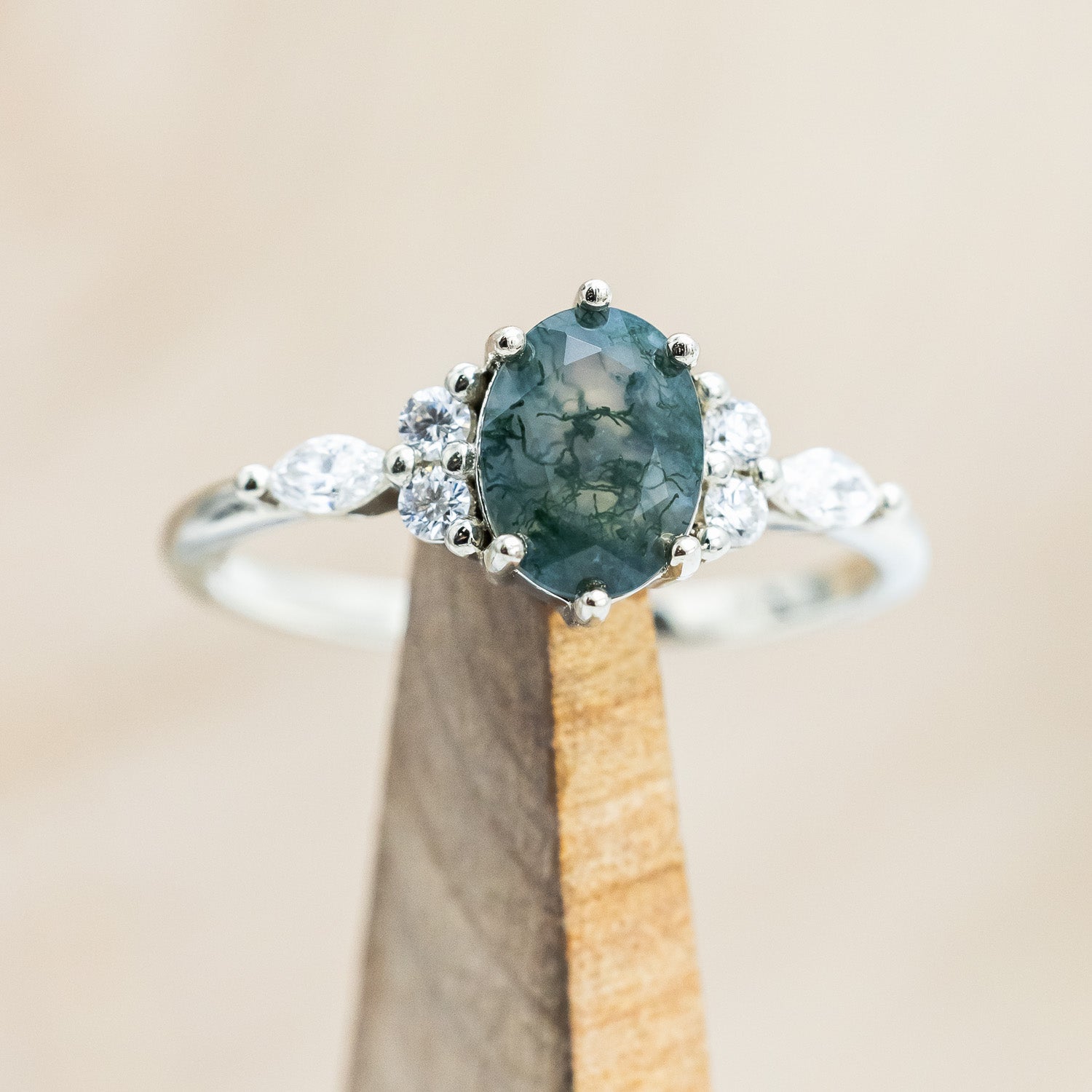 "SAGE" - OVAL CUT MOSS AGATE ENGAGEMENT RING WITH DIAMOND ACCENTS-Staghead Designs