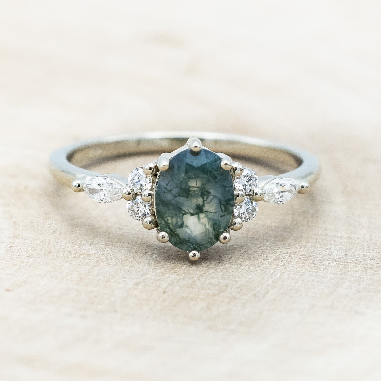 "SAGE" - OVAL CUT MOSS AGATE ENGAGEMENT RING WITH DIAMOND ACCENTS-Staghead Designs