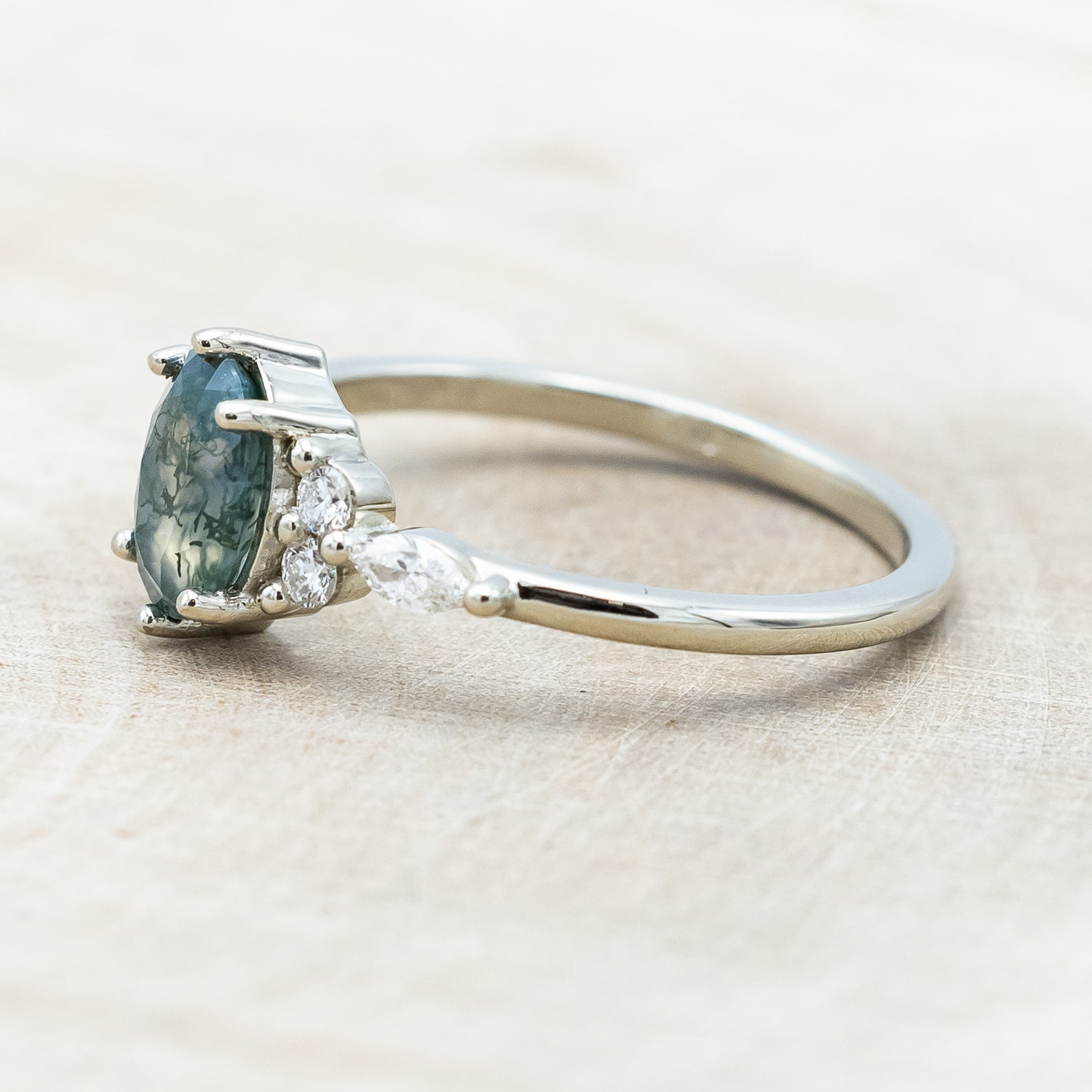 "SAGE" - OVAL CUT MOSS AGATE ENGAGEMENT RING WITH DIAMOND ACCENTS-Staghead Designs