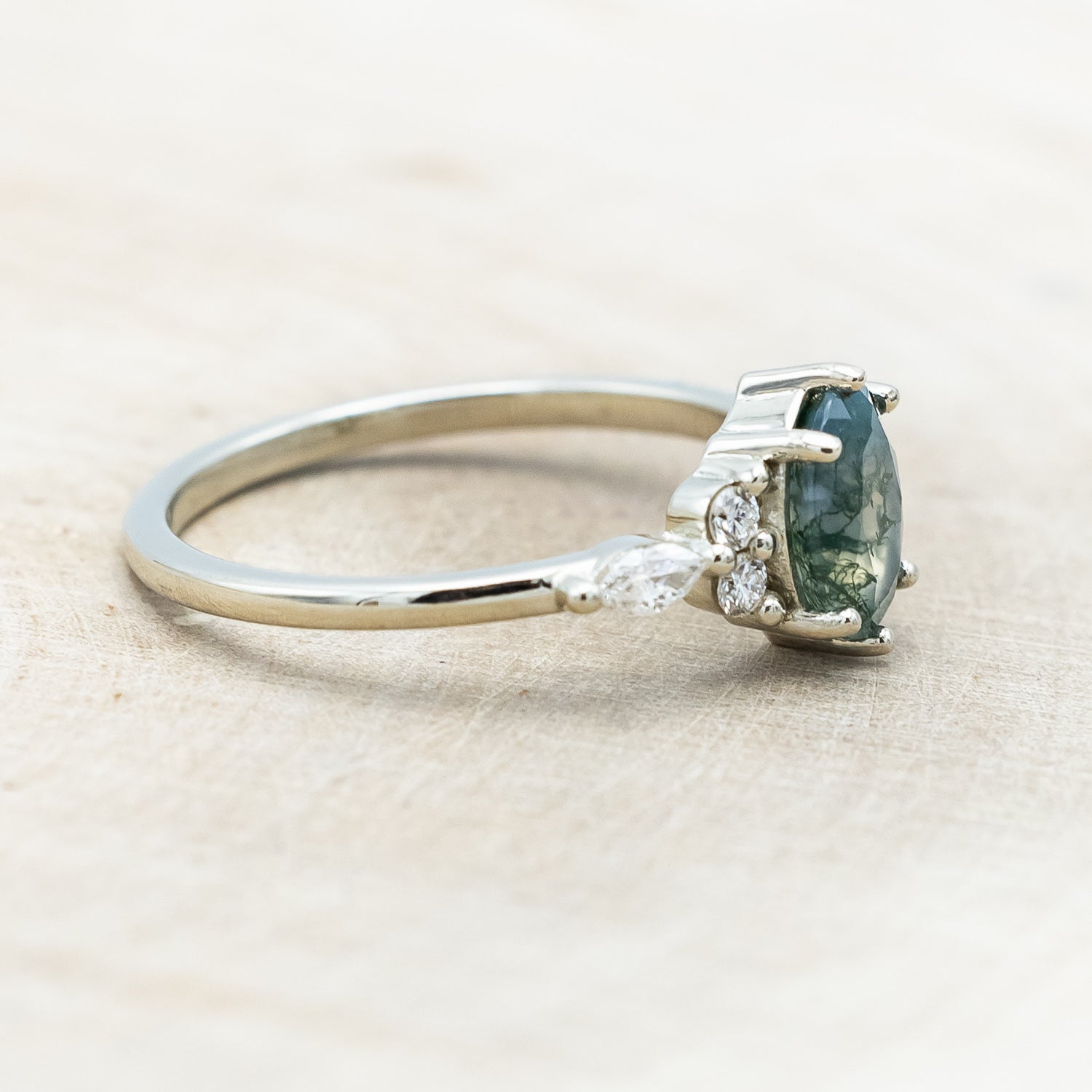 "SAGE" - OVAL CUT MOSS AGATE ENGAGEMENT RING WITH DIAMOND ACCENTS-Staghead Designs