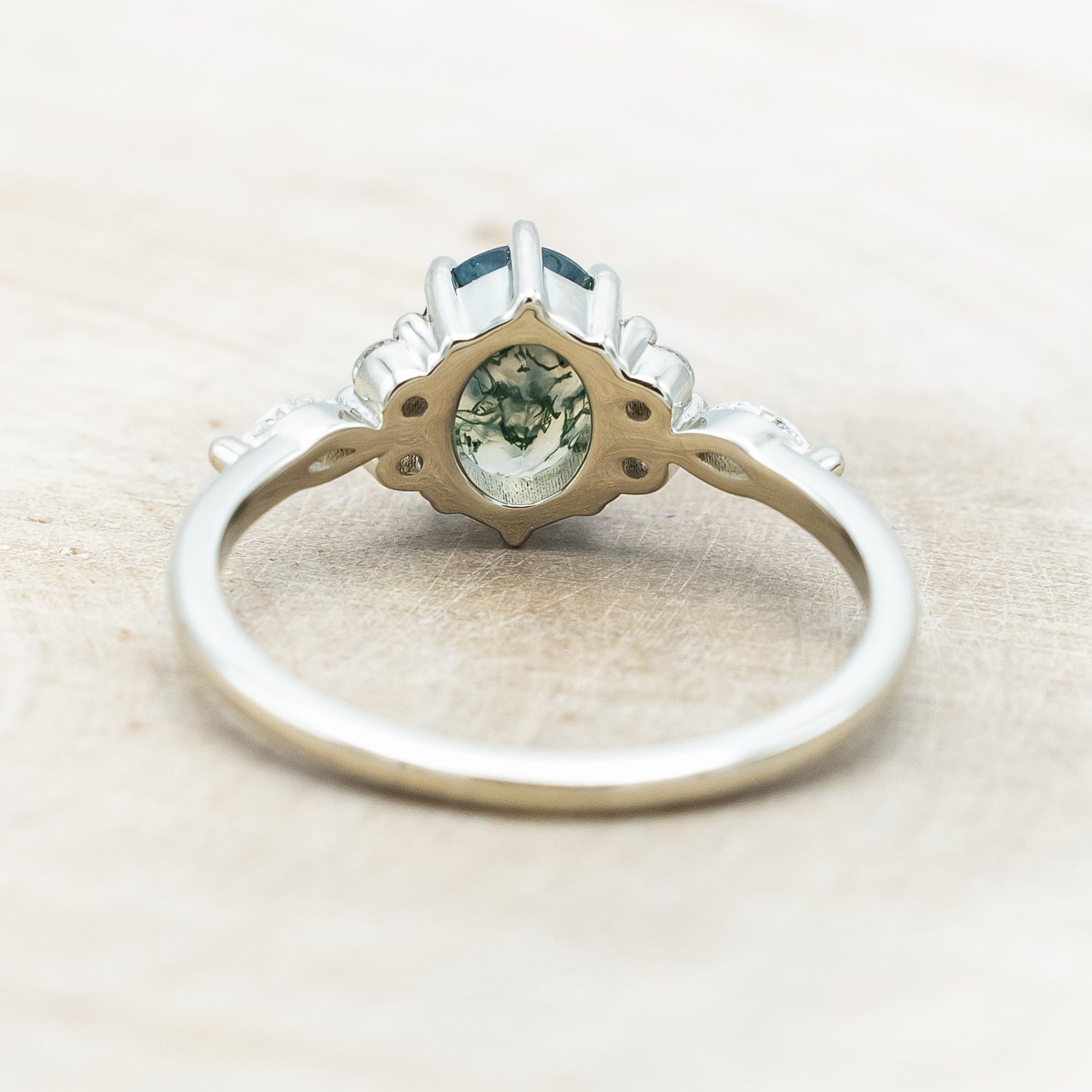 "SAGE" - OVAL CUT MOSS AGATE ENGAGEMENT RING WITH DIAMOND ACCENTS-Staghead Designs