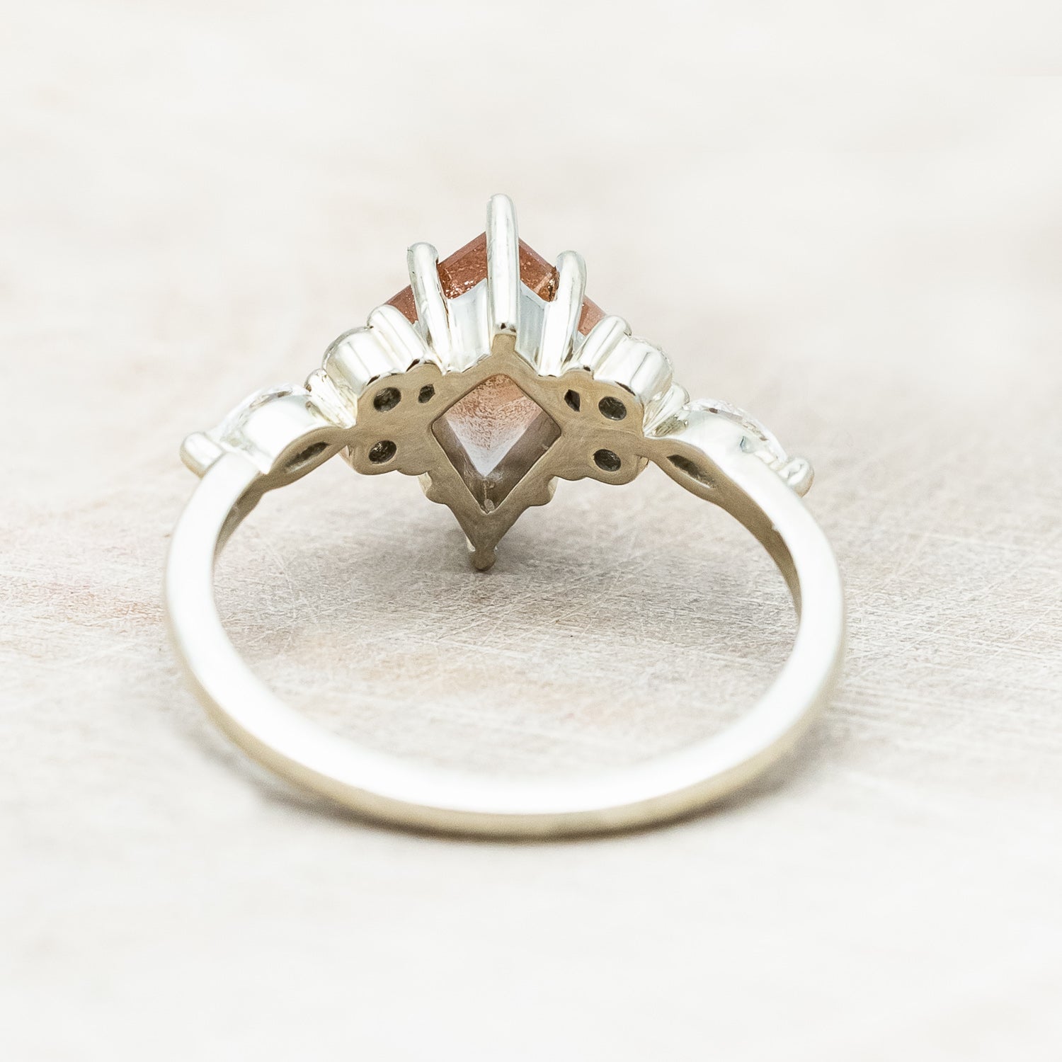 ONE-OF-A-KIND - "SAGE" - KITE CUT OREGON SUNSTONE ENGAGEMENT RING WITH DIAMOND ACCENTS & TRACER-Staghead Designs