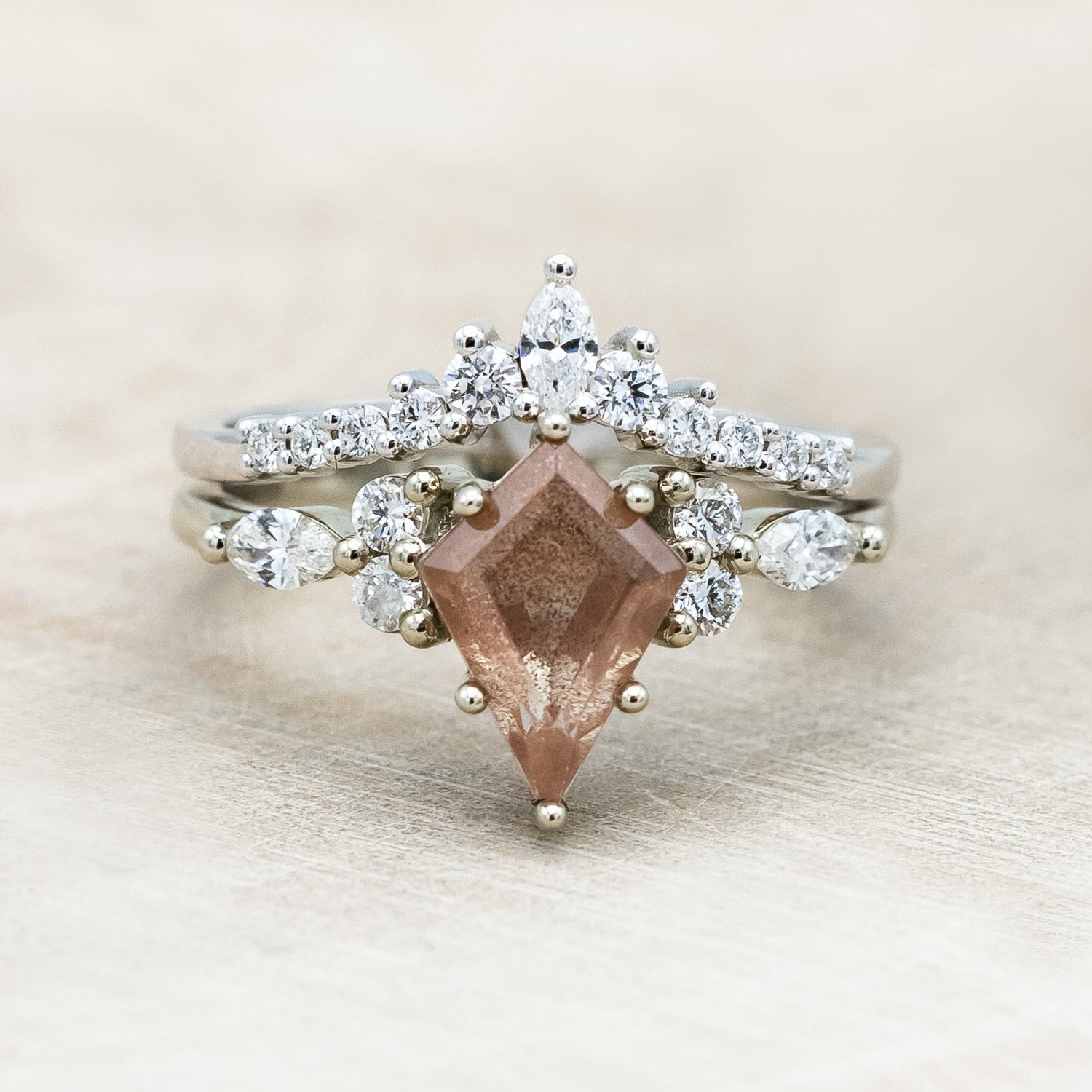 ONE-OF-A-KIND - "SAGE" - KITE CUT OREGON SUNSTONE ENGAGEMENT RING WITH DIAMOND ACCENTS & TRACER-Staghead Designs