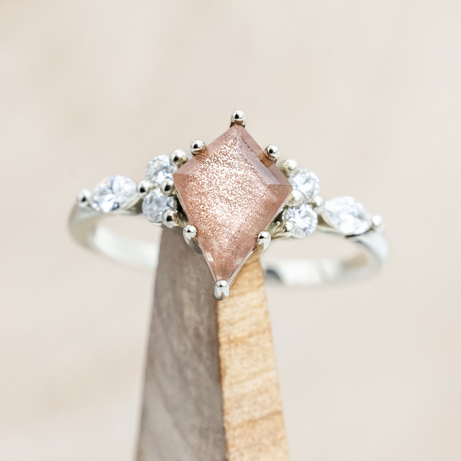 ONE-OF-A-KIND - "SAGE" - KITE CUT OREGON SUNSTONE ENGAGEMENT RING WITH DIAMOND ACCENTS & TRACER-Staghead Designs