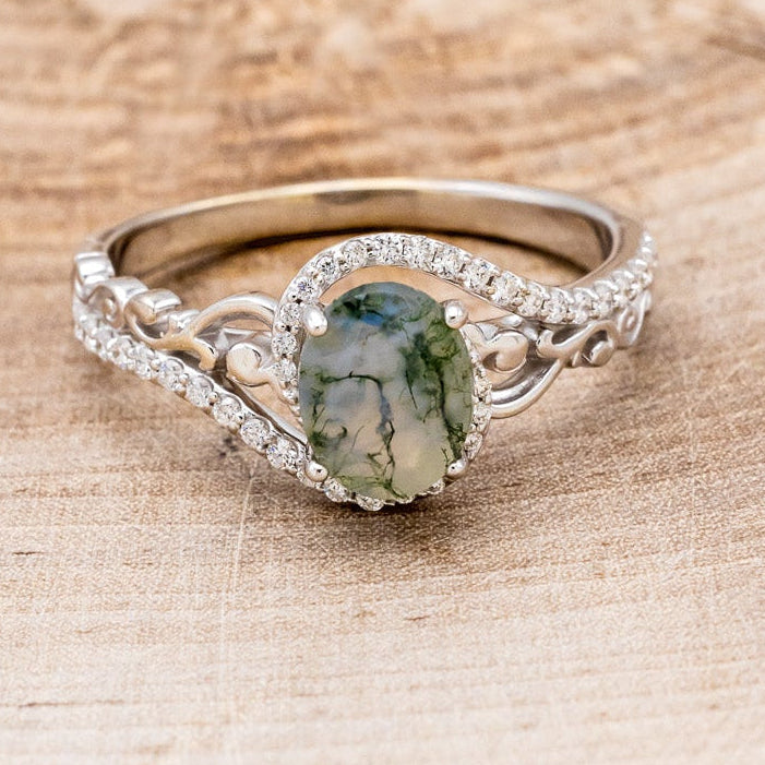 "SCARLET" - OVAL-SHAPED MOSS AGATE ENGAGEMENT RING WITH DIAMOND ACCENTS-4