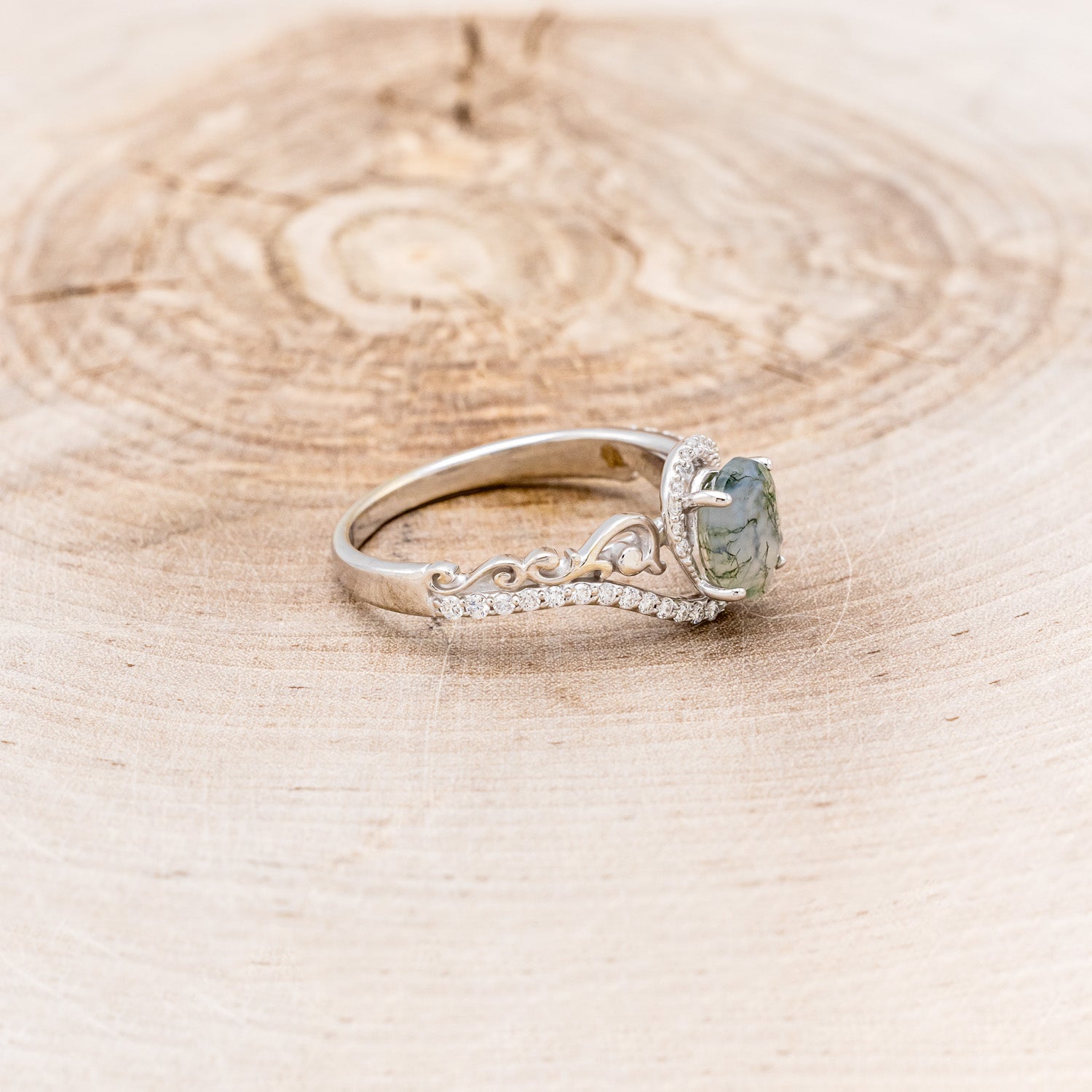 "SCARLET" - OVAL-SHAPED MOSS AGATE ENGAGEMENT RING WITH DIAMOND ACCENTS-2