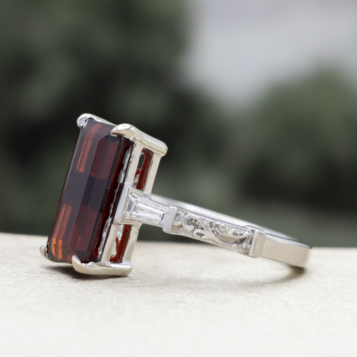 "Selena" - Emerald Cut Mozambique Garnet Engagement Ring With Diamond Accents