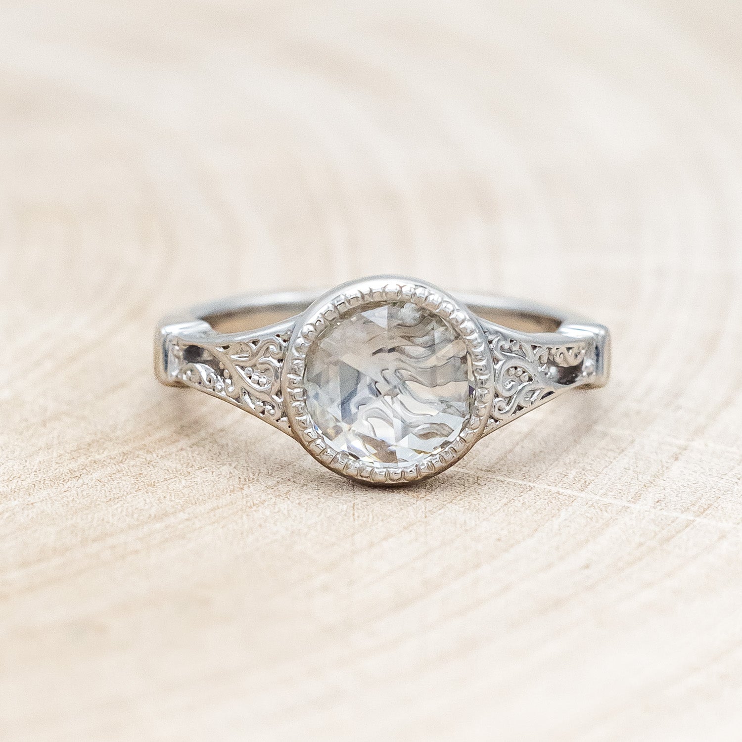 "Selene" - round lab-grown diamond women's engagement ring with crescent moon engravings in 14K white gold