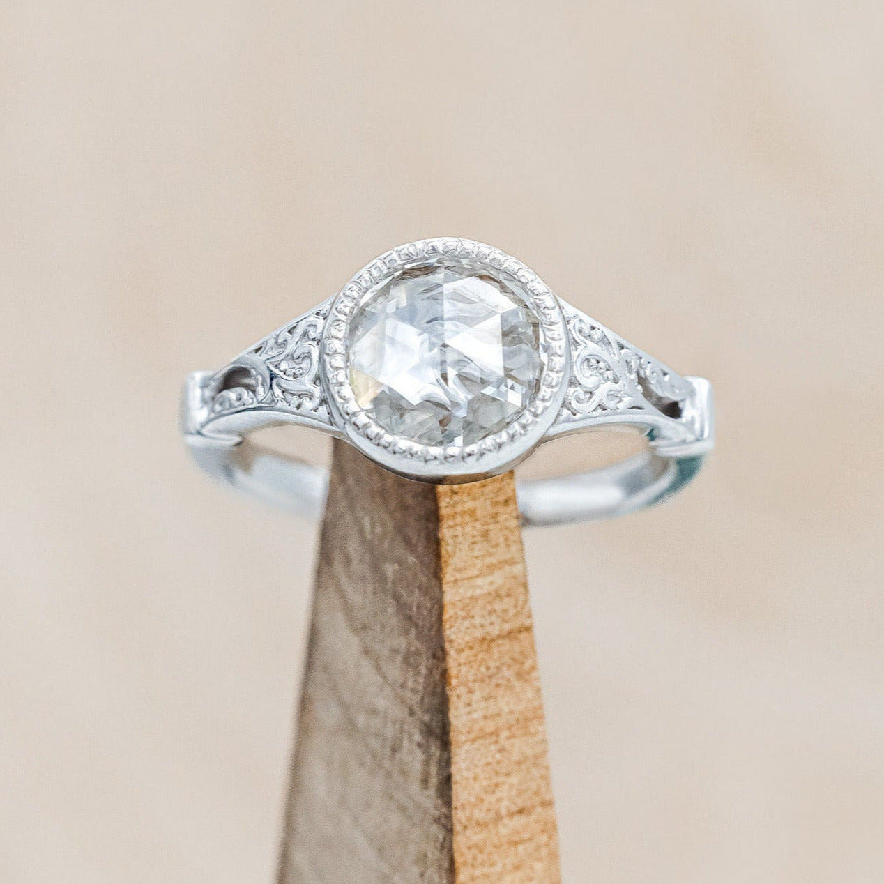 "Selene" - round lab-grown diamond women's engagement ring with crescent moon engravings in 14K white gold