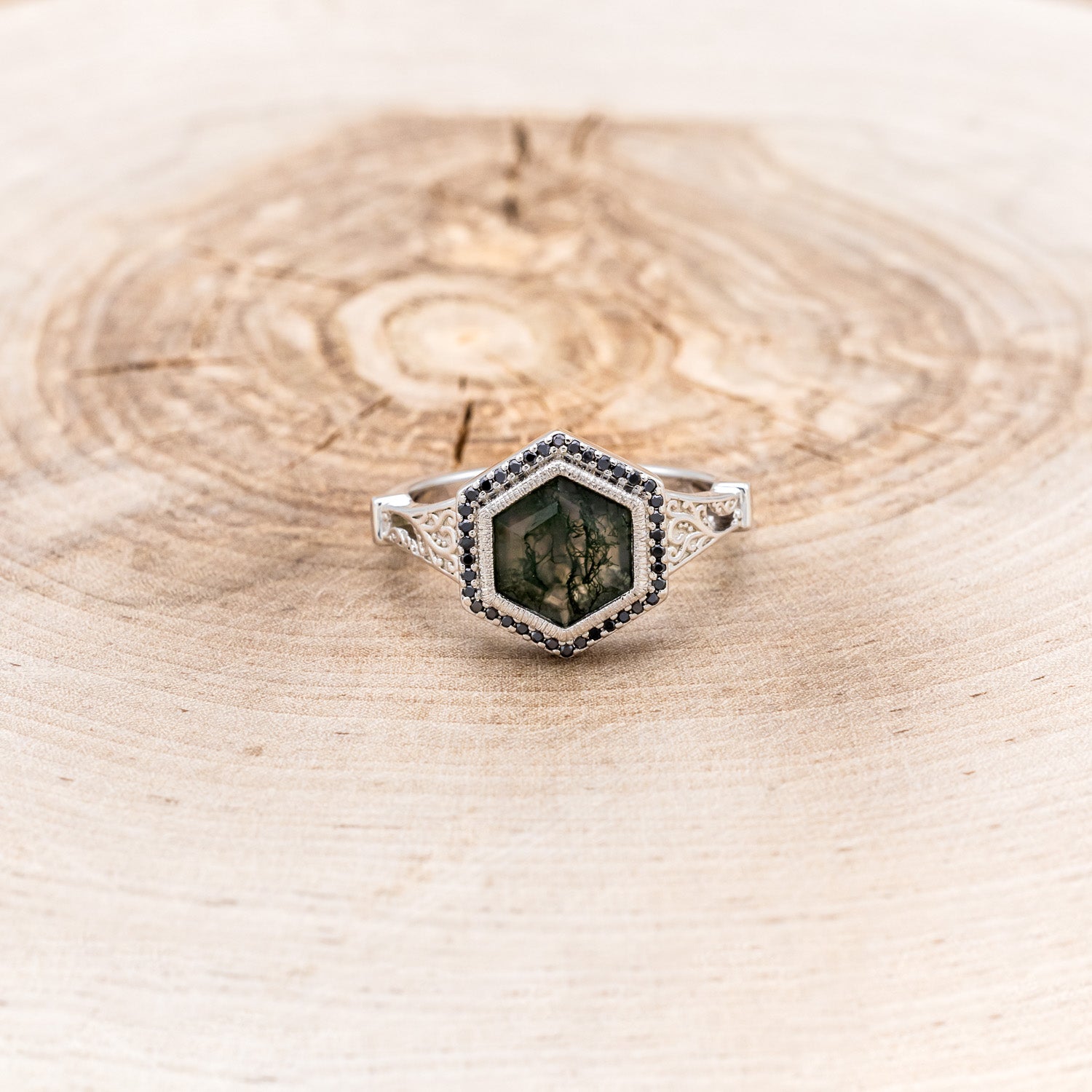 "SELENE" - CUSTOM HEXAGON MOSS AGATE ENGAGEMENT RING WITH A BLACK DIAMOND HALO, FILIGREE, MOON MOTIFS & ENGRAVINGS-4