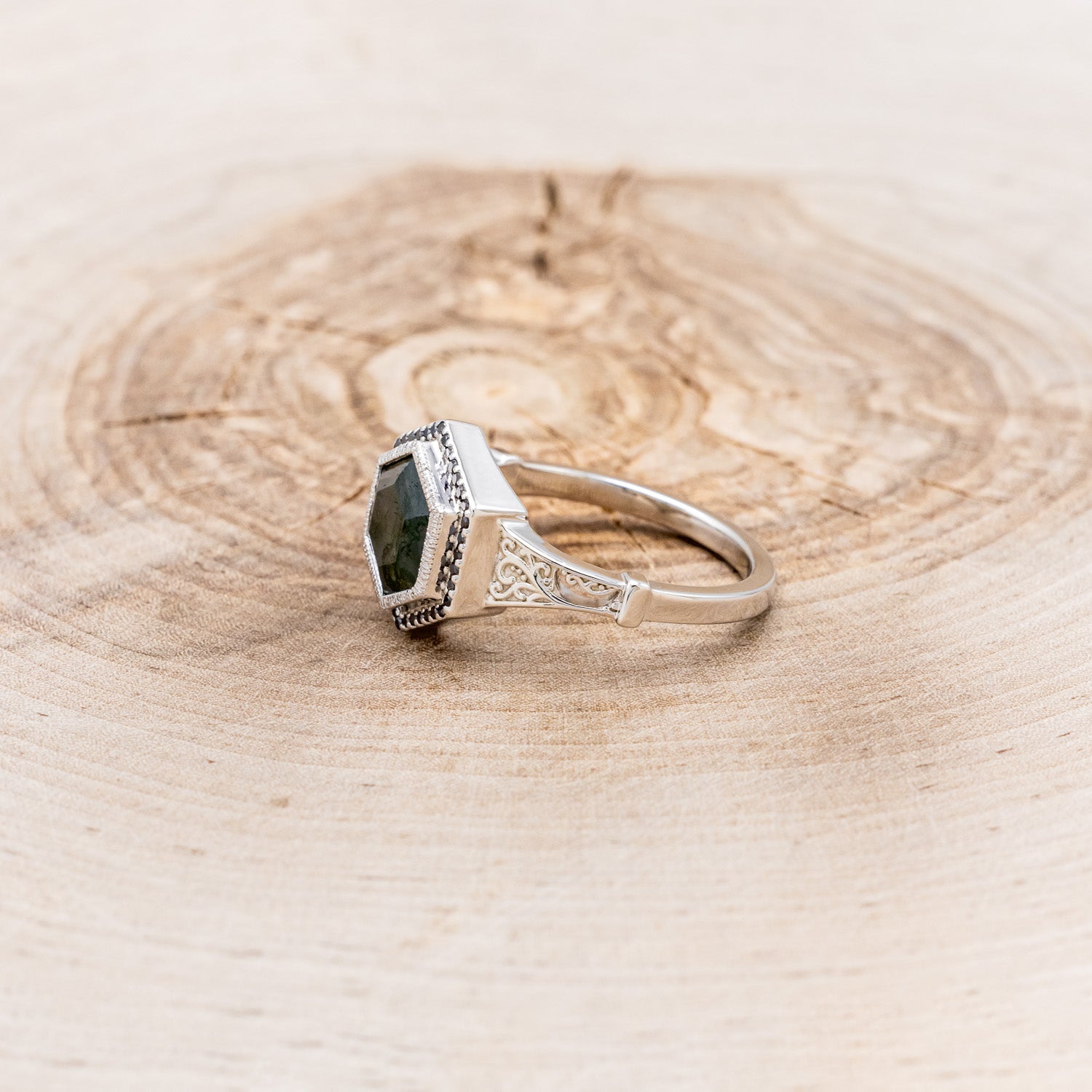 "SELENE" - CUSTOM HEXAGON MOSS AGATE ENGAGEMENT RING WITH A BLACK DIAMOND HALO, FILIGREE, MOON MOTIFS & ENGRAVINGS-3