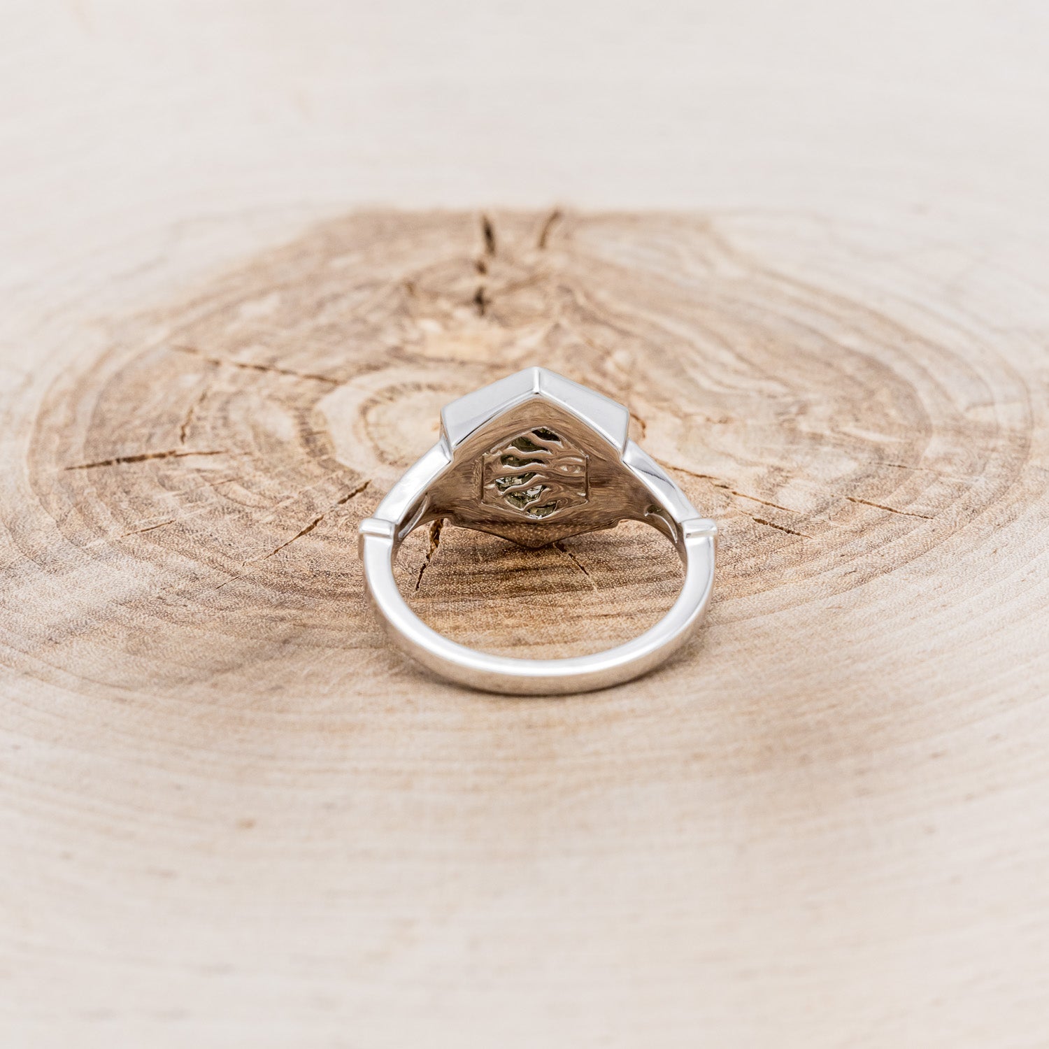 "SELENE" - CUSTOM HEXAGON MOSS AGATE ENGAGEMENT RING WITH A BLACK DIAMOND HALO, FILIGREE, MOON MOTIFS & ENGRAVINGS-5