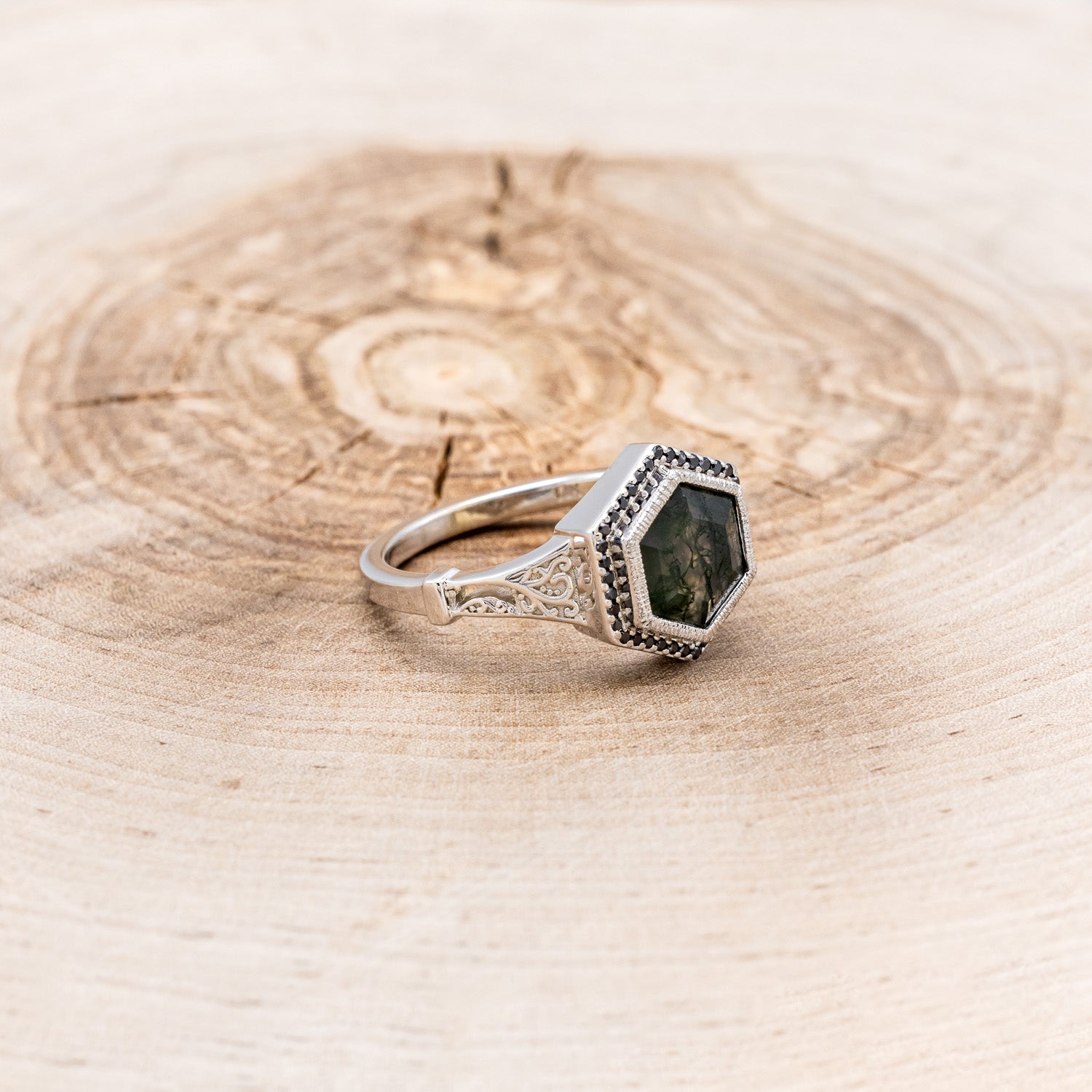 "SELENE" - CUSTOM HEXAGON MOSS AGATE ENGAGEMENT RING WITH A BLACK DIAMOND HALO, FILIGREE, MOON MOTIFS & ENGRAVINGS-2