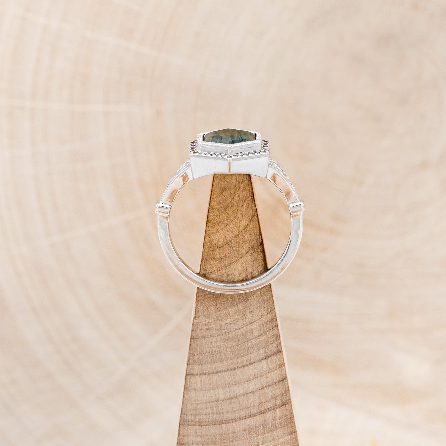 "SELENE" - CUSTOM HEXAGON MOSS AGATE ENGAGEMENT RING WITH A BLACK DIAMOND HALO, FILIGREE, MOON MOTIFS & ENGRAVINGS-6