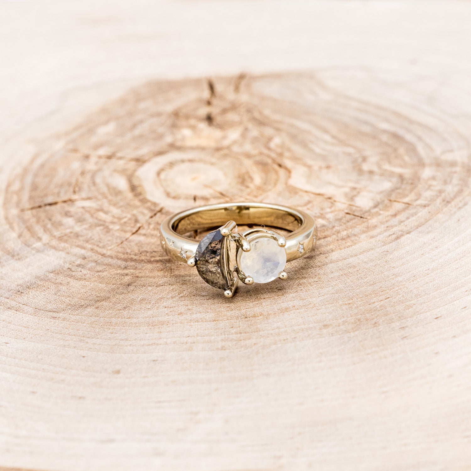 "SIDRA" - TOI ET MOI ROUND MOONSTONE ENGAGEMENT RING WITH A CRESCENT MOON SALT & PEPPER DIAMOND ACCENT & TRACER-10