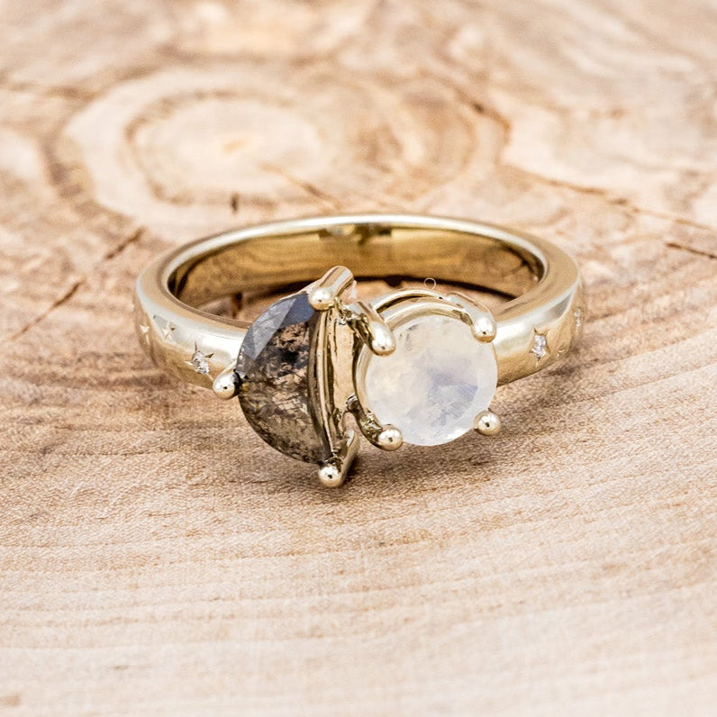 "SIDRA" - TOI ET MOI ROUND MOONSTONE ENGAGEMENT RING WITH A CRESCENT MOON SALT & PEPPER DIAMOND ACCENT & TRACER-10