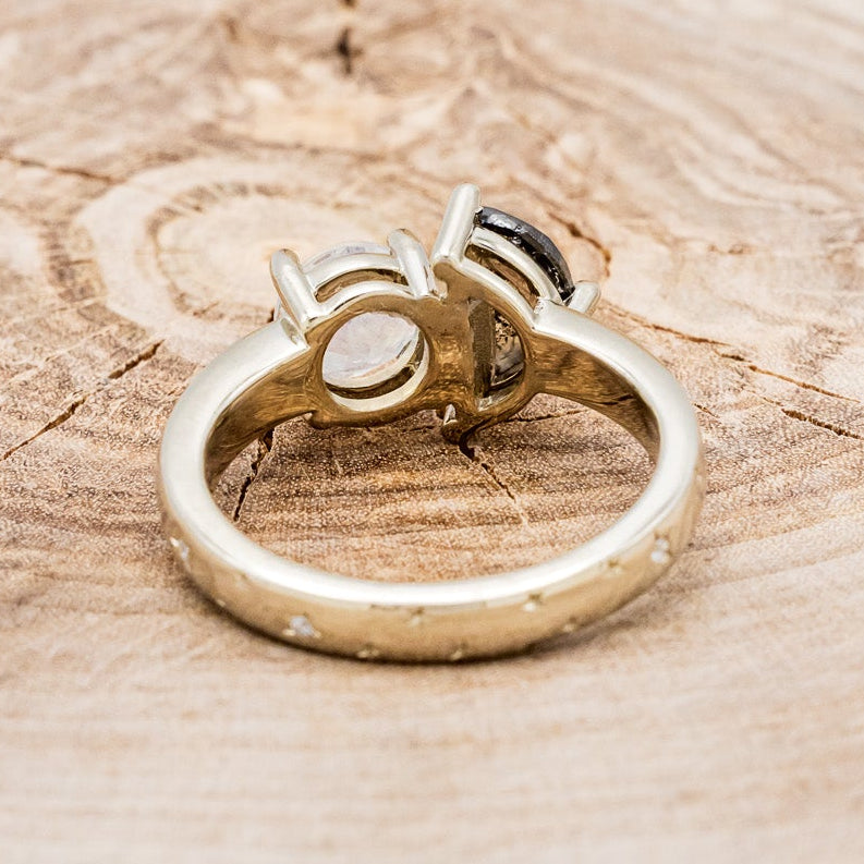 "SIDRA" - TOI ET MOI ROUND MOONSTONE ENGAGEMENT RING WITH A CRESCENT MOON SALT & PEPPER DIAMOND ACCENT & TRACER-11